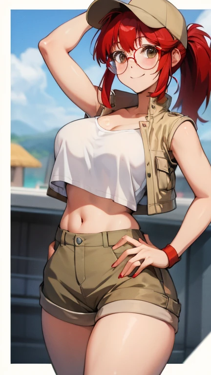 mature woman,, blue colored eyes, red Ponytail, High Ponytail, glasses in hair on forehead,T-shirt tucked into pants ,Black shirt , Black wide leg sweatpants ,On the beach, facing forward, seductive, big ass, calling with her hand 90s anime style