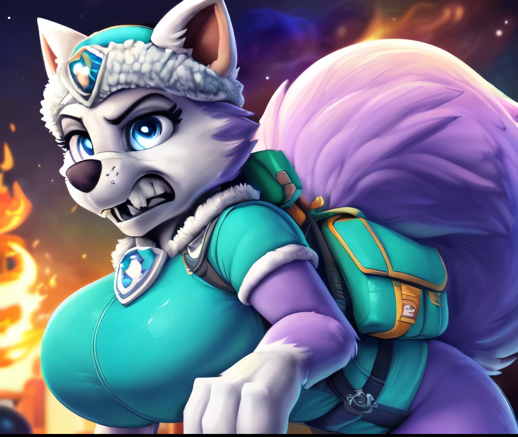Everest, ((Paw Patrol)), ((female solo)), domestic dog, female, adult female, blue eyes, (((purple fur)), ((purple body)), (wearing Paw Patrol gear:1.25), (wearing Paw Patrol bagpack:1.45), ((wearing aqua winter hat)), ((sharp teeths)), ((large fangs)), blue eyes, (Shiny eyes:1.6), ((Pixar eyes)), perfect eyes, ((glowing eyes)), (hyper realistic:1.65), long fluffy tail, very large tail, tail up, very furry and fluffy, ((very large fangs)), perfect ligthing, (Cyberpunk city background:1.25), (fire at background:1.65), ((many hearts all over the screen)), (back side view:1.45), ((seductive break)), ((spread legs)), spread legs, (rajii:1.1) (dimwitdog:1.1), (thesecretcave:1.25), (cooliehigh:1.1), (miles-df:1.1), (complextree:1.1), (pixelsketcher:1.1), (foxovh:1.1), (zaush:1.1), (avante92:0.70), (meesh:1.1), (inu-sama:0.80), (cervina7:1.1), (F-R95:0.70), (R-mk:1.1), (xpray:1.1), (standing tall:1.65), (large fluffy tail:1.65), (close up to face:1.15), (angry expression:1.45), (nebula:1.45), (starry:1.45), (planet at sky:1.45), (hyper breasts:1.15), (wearing turquoise shirt:1.25), (anthropomorphic:1.45), (snarling:1.45), (growling:1.45)