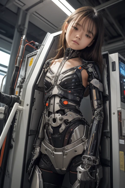 1 Mechanical Girl、((ultra realistic details))、portlate、Global Illumination、Shadow、Rendu octane、8K、ultrasharp、metalic、Details of complex ornaments、cold colors、Egyptian Detail、high intricate details、Realistic light、CGSoation Trends、shinning eyes、Facing the camera、neon details、Mechanical limbs、blood vessels connected to tubes、Mechanical vertebrae attached to the back、mechanical cervical attaching to neck、sitting on、Wires and cables connecting to the head、full full body