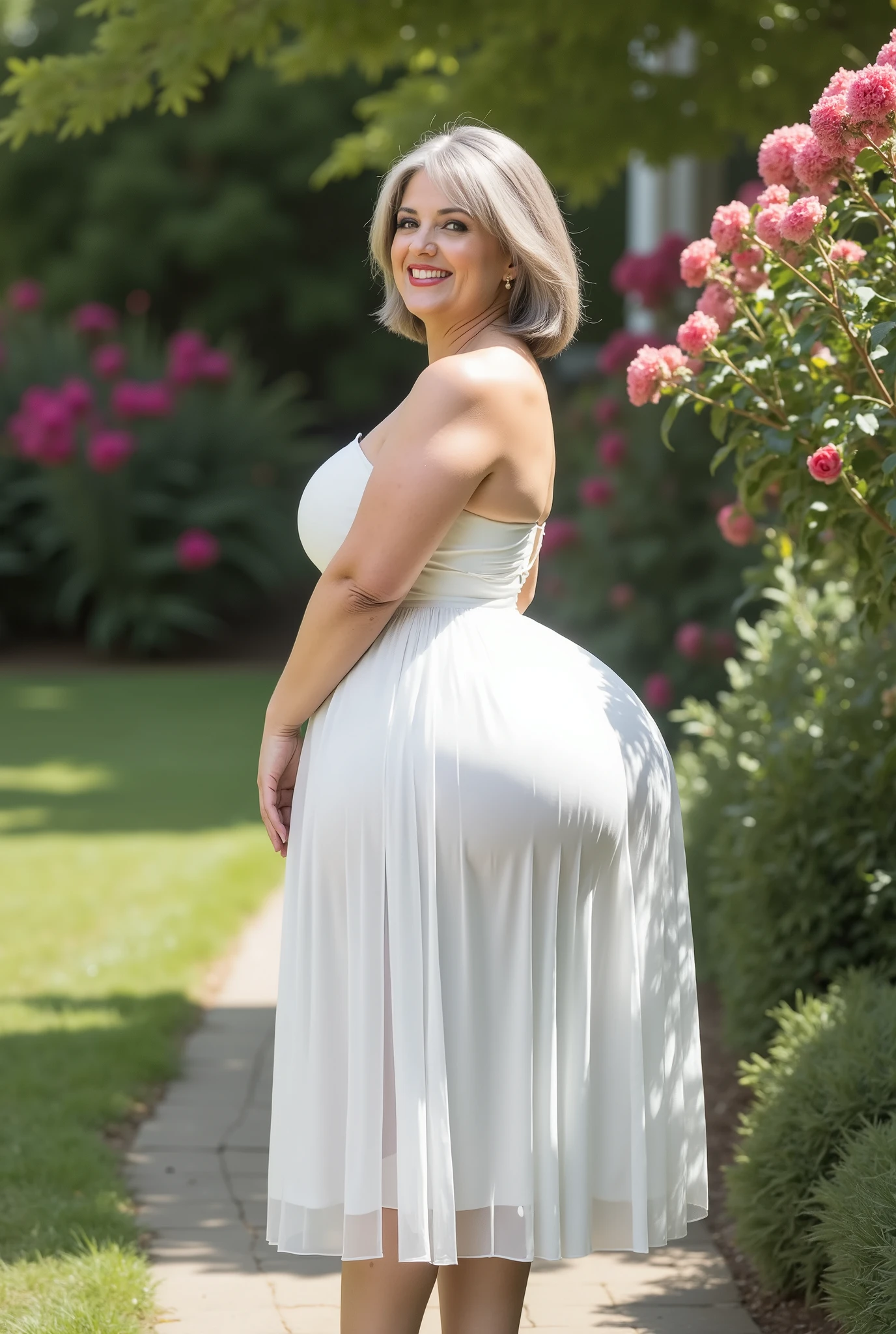 Sensual grandmother, Veteran woman, 62-year-old mature woman, white-skinned woman, beautiful face, slight wrinkles due to age,  greyish white hair , Voluptuous body, bulky body,   curvy woman  , Plus size woman, woman with generous curves  , hourglass figure, light bulge and saggy belly, wide hips, Slim waist, thick legs, thick thighs, plump butt in good shape,  little busts , Sexy woman, MILF SEXY, She wears a sexy outfit, In The Moment tulle midi dress - White, shiny black heels, she has a flirty expression, is in a beautiful garden on a sunny day,  HD quality, the best quality, full shot, general plane, Realistic Art, photography.