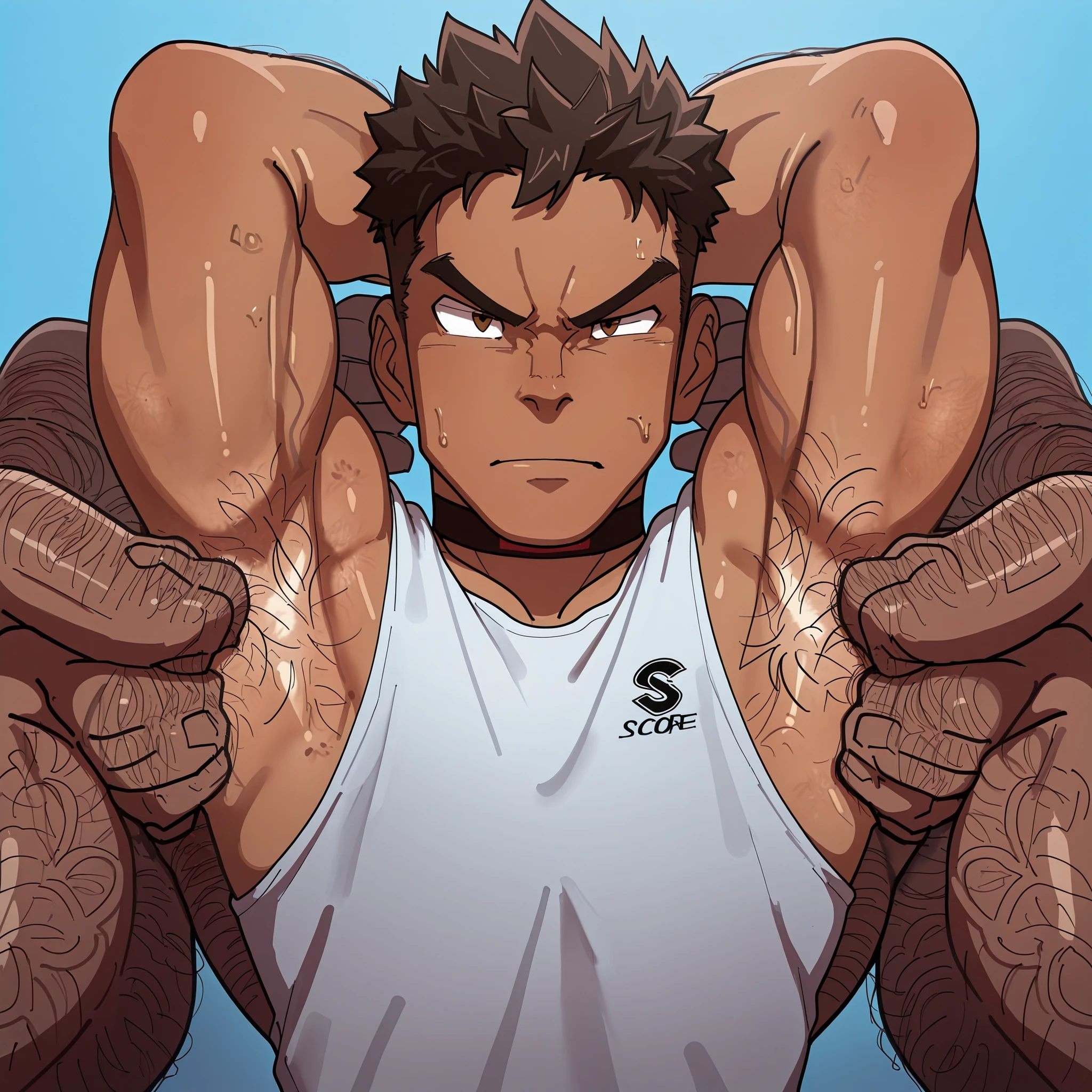 1 tall, muscular, dark-skinned male, hairy chests, Highest quality、masterpiece、Super Detail、armpits hair, arms hair, hairy armpits, manly、