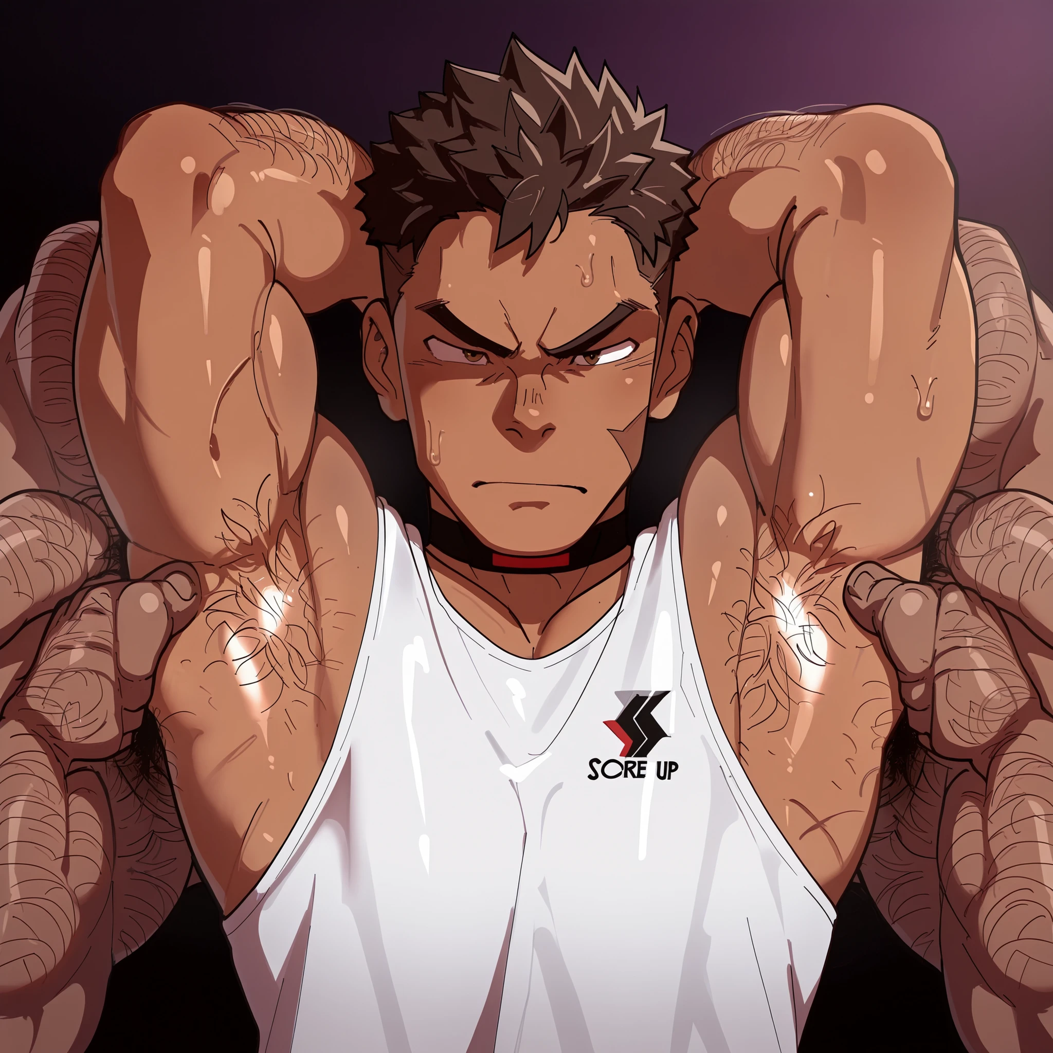 1 tall, muscular, dark-skinned male, hairy chests, Highest quality、masterpiece、Super Detail、armpits hair, arms hair, hairy armpits, manly、