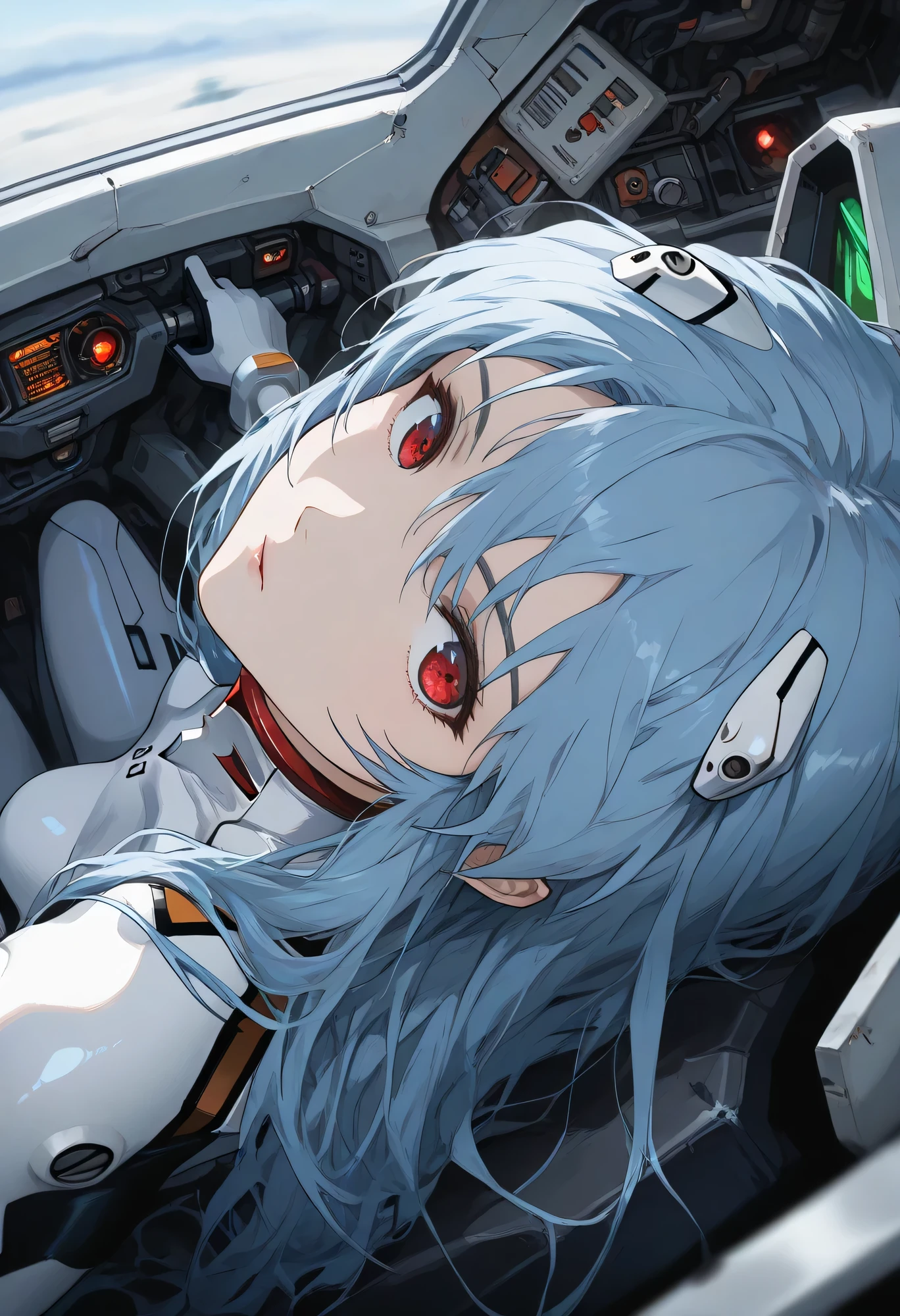 best quality, masterpiece, looking at viewer, 1girl,portrait of r31ayanam1, Inside the robot, Driving a robot, 1girl, blue hair, red eyes, long hair style, white plugsuit, from above ,On side