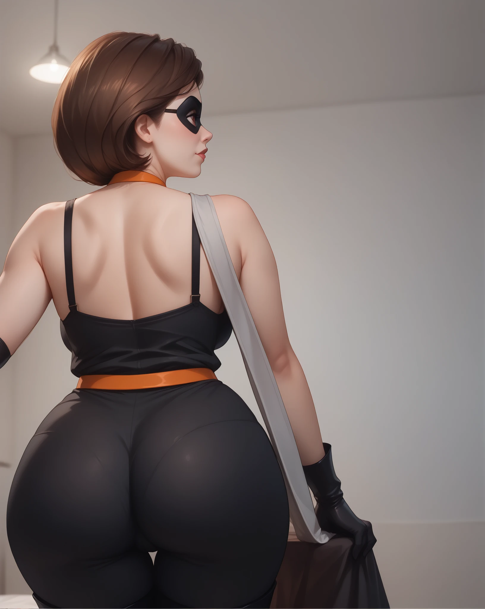 (((Best Quality , 8K , Masterpiece: 1 . 3)) , Full Body , Focus Clear: 1 . 2 , Outstanding Beauty: 1 . 4 , Slender Abs: 1 . 2)) , 1girl, high detailed, backside, photo from behind, thicc, wide hips, tight shorts, detailed face, beautiful expression, alluring gaze, captivating pose, elegant silhouette, dynamic composition, cinematic lighting, warm color palette, photorealistic, 8K, hyper detailed, professional photography, natural skin tones, studio lighting, (((1girl, helenp, helen parr, elastigirl, brown hair, brown eyes, domino mask, mask, red bodysuit, black highleg shorts, orange belt, black elbow gloves, black thigh boots, wide hips, medium breasts)))