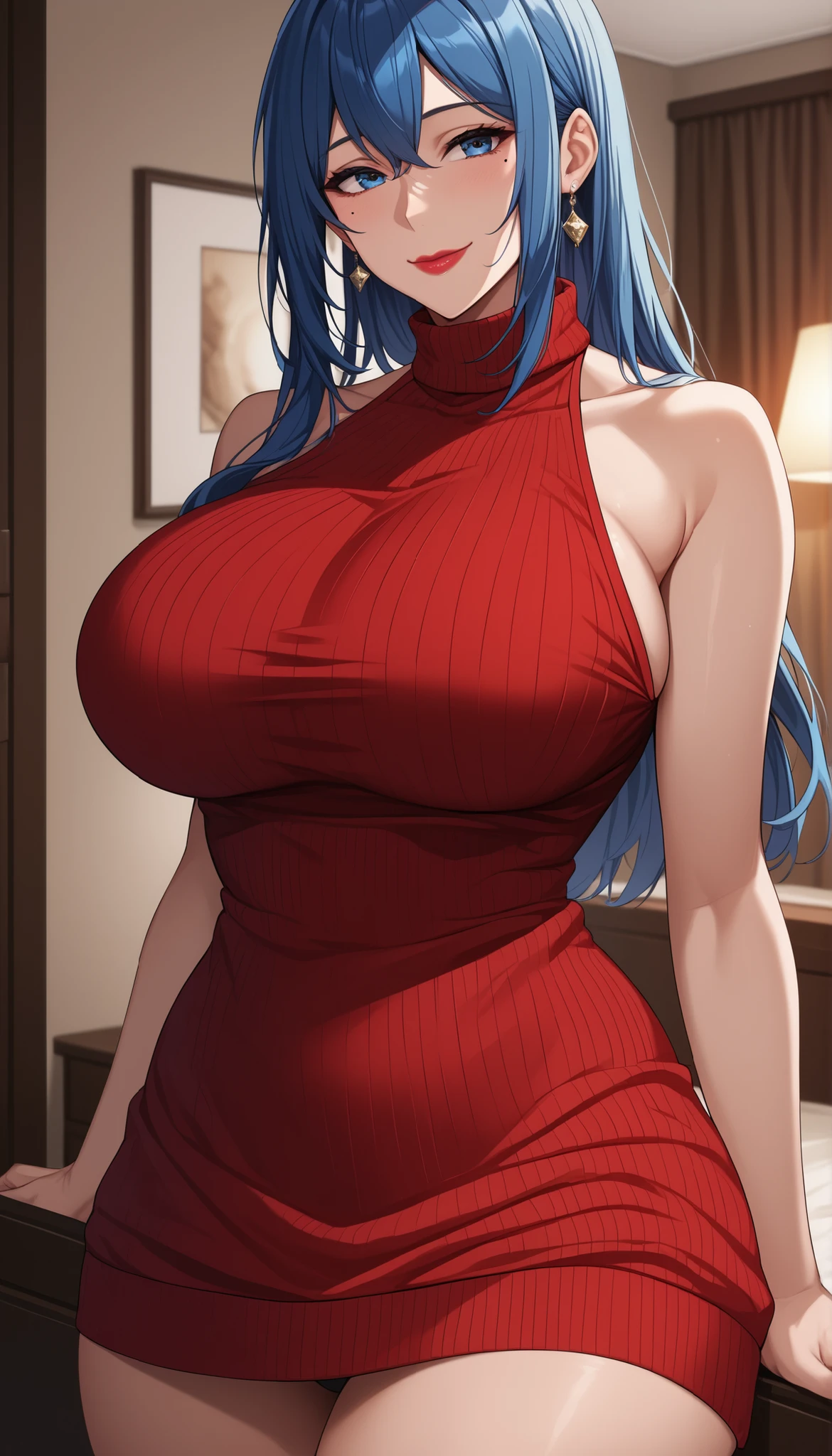 (extremely detailed CG unity 8k wallpaper),(masterpiece),(best quality),(ultra-detailed),(best illustration),(best shadow),(absurdres), tall body, tall, long legs, mature female, mature, adult, eft_jjk_miwa, 1girl, solo, light blue hair, long hair, looking at viewer, blue eyes, upper body, bangs, masterpiece, best quality, high quality, photorealistic, (4k), depth of field, (Masterpiece), (realistic skin texture), extremely detailed, intricate, hyper detailed, professional photography, bokeh, high resolution, sharp detail, best quality, 1girl, beautiful, volumetric lighting, best quality, masterpiece, intricate details, tonemapping, sharp focus, hyper detailed, ballroom, beautiful dress, big breasts, sparkle dress, fancy red dress, red dress, red glitter dress, ballroom event, ballroom dress, sleeveless, hip slit, bare shoulders, sparkly red dress, met gala, ballroom party, fancy party, close shot, full frame, hall, award ceremony event, bright room, night time, stars, city buildings, lights on, upper body shot, looking at viewer