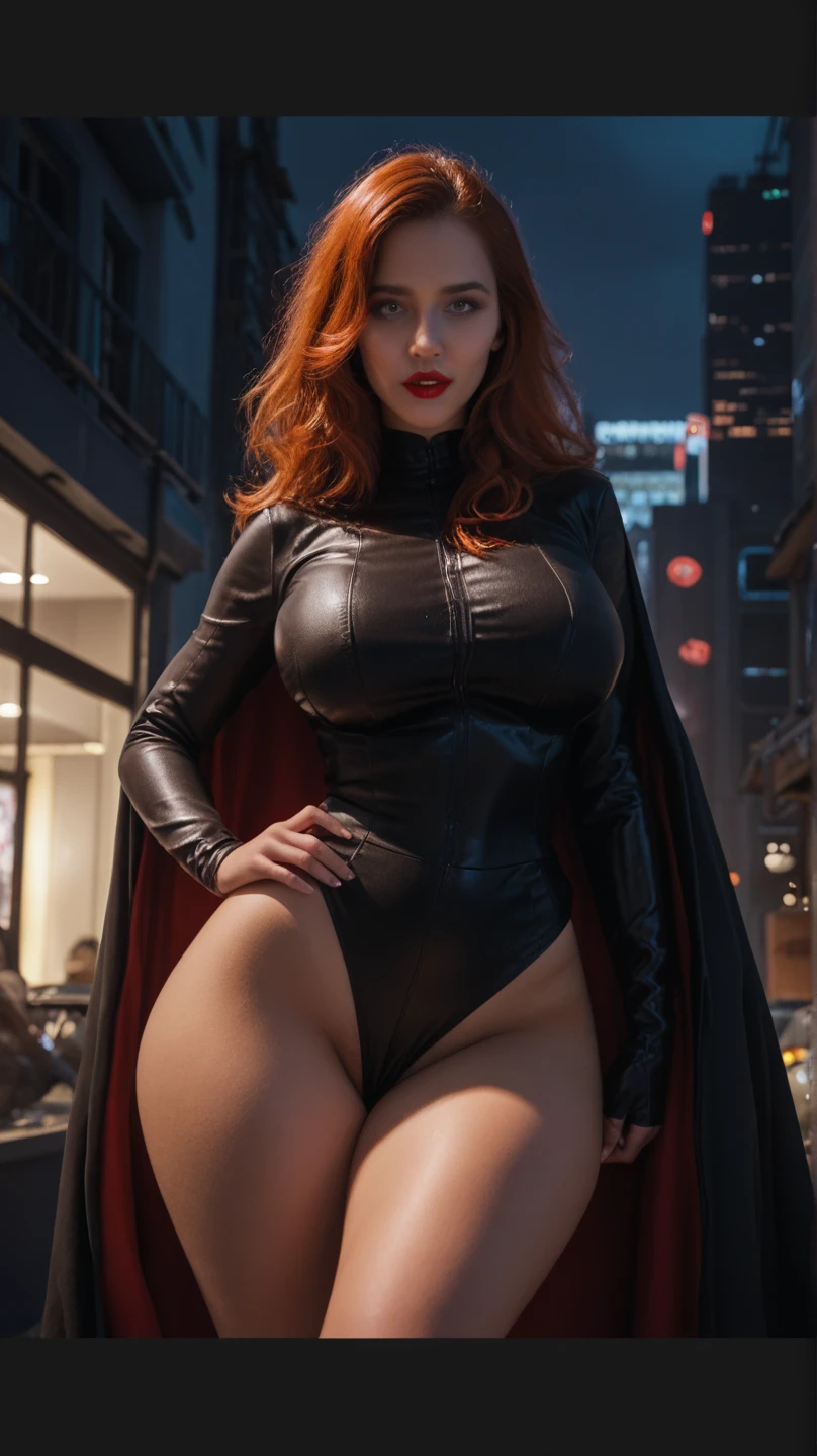 (high resolution, alta qualidade:1.2), detalhes intrincados, Cinematic lighting, sharp focus, profundidade de campo, Ingrid, 1 garota, mulher madura, (dark skinned female:1.1), pele escura, Standing, hands on hips, tiro de vaqueiro, olhando para o espectador, paisagem urbana, noite, luz da cidade, determinado, cabelo ruivo rosa, cabelo muito comprido, hair intake, inventar, batom, (verruga embaixo da boca:0.8), eyelash, olhos amarelos, rosto detalhado, roupa do inferno, capa vermelha, preto (gola alta:1.1), (abaixo do peito:1.1), preto elbow gloves, (casacos:1.1), roupas reveladoras, abertura central, calcinha de perna alta, botas de coxa, (roupas multicoloridas:1.1) barriga, seios grandes, areola slip, (deslizamento do mamilo:0.8),