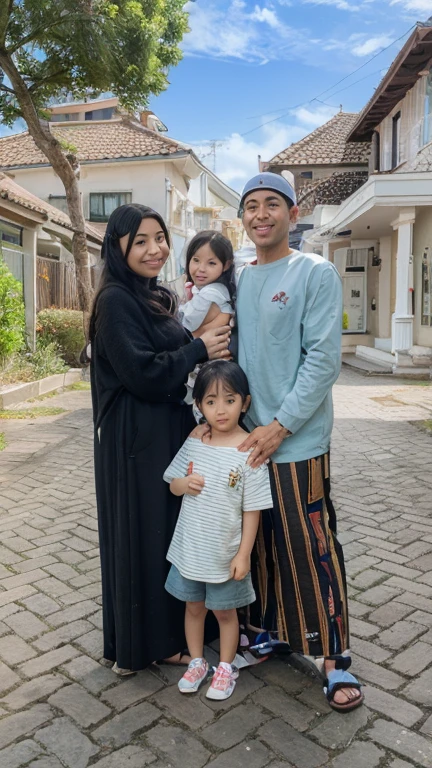 photo family of 3 people, 1 man 50 year old father with slightly gray hair sitting with a 1 girl 45 year old mother wearing a hijab, and 1 boy 20 year old son standing behind while embracing his father and mother, wearing matching formal clothes , happy expression, photo studio background, ultra HD, realistic