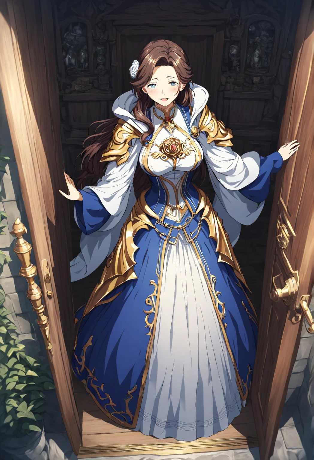 Full body shot of Princess Zelda, Brown hair, Blue eyes, Dress up《assassins creed》Assassins in , In white+Gold with white mask and hood with gold details, Oversized bust, Use a wrist blade. Background: Renaissance city. Unreal Engine 5, anime big breast, Anime style, Masterpiece, Well drawn eyes, Well-drawn face, A detailed eye, well detailed face, 8K, light and shadow effect.