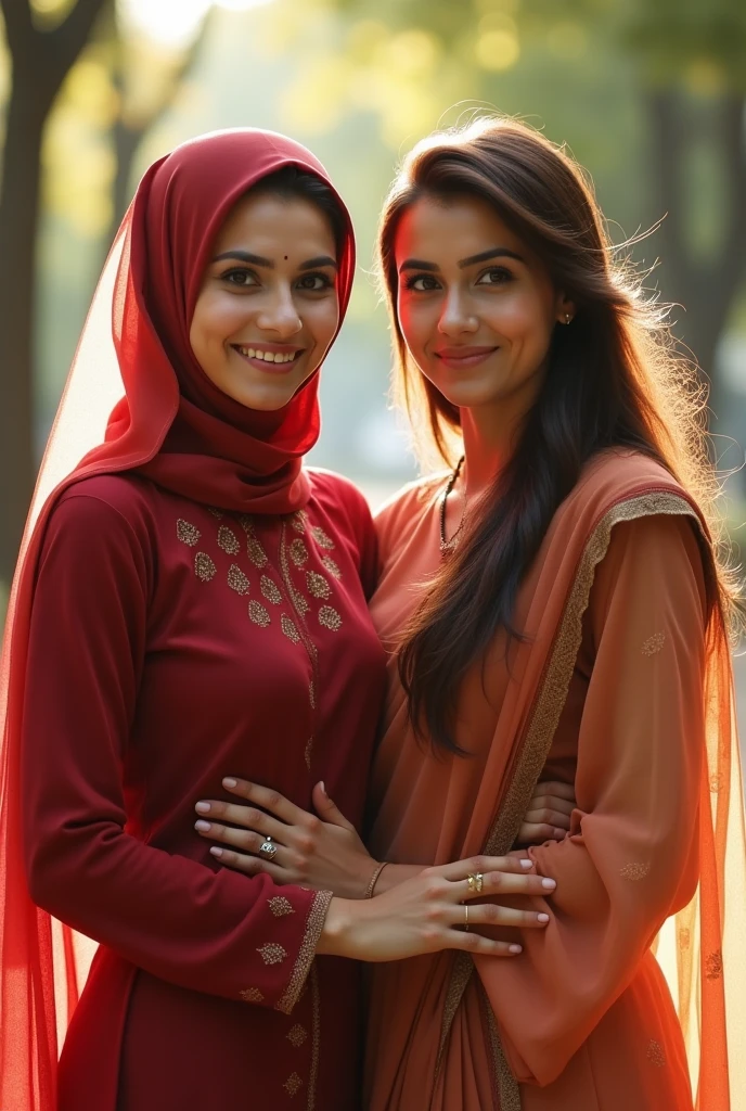 A Muslim newlywed wearing a red saree was sitting alone with her mother-in-law inside the house.