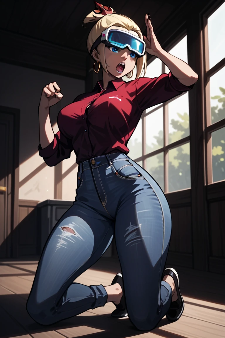 score_9, score_8_superior, score_7_superior, score_6_superior, sauce_anime, Break 1 Girl, onizaki kirara, Blonde, Twin tails, hair ornaments, Pink T-shirt, Large Breasts, sunglasses, Distressed jeans, Shopping mall, I'm watching you,