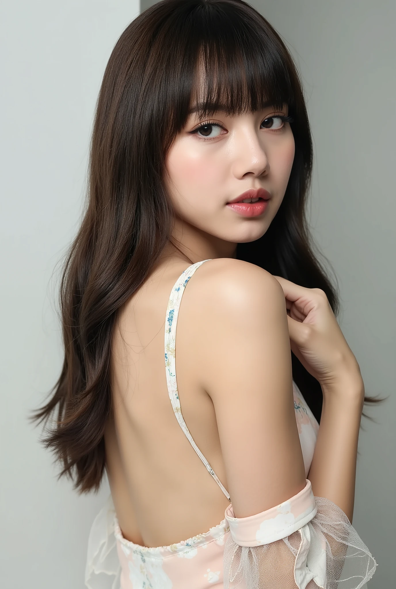 Create a stunning portrait of a beautiful Japanese female singer. The image should resemble a fashion magazine gravure shoot, showcasing her slender physique, small chest, and slim legs. She has long hair with bangs and is dressed in stylish spring fashion. Capture her striking pose to highlight her elegance and charm.