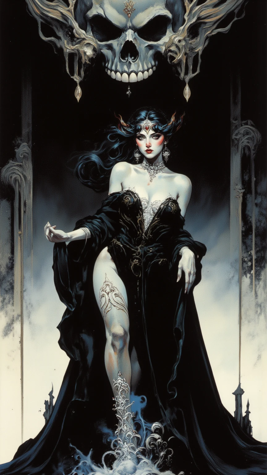 a waist high portrait of a female bar winch, big breasts, cleavage,  amazing body, village city background, magic, Gothic, evil, occult, dark, disease, depressing,  style of Paul Furst engraving, Adrian Smith, Alphonse Mucha, [[rutkowski]]