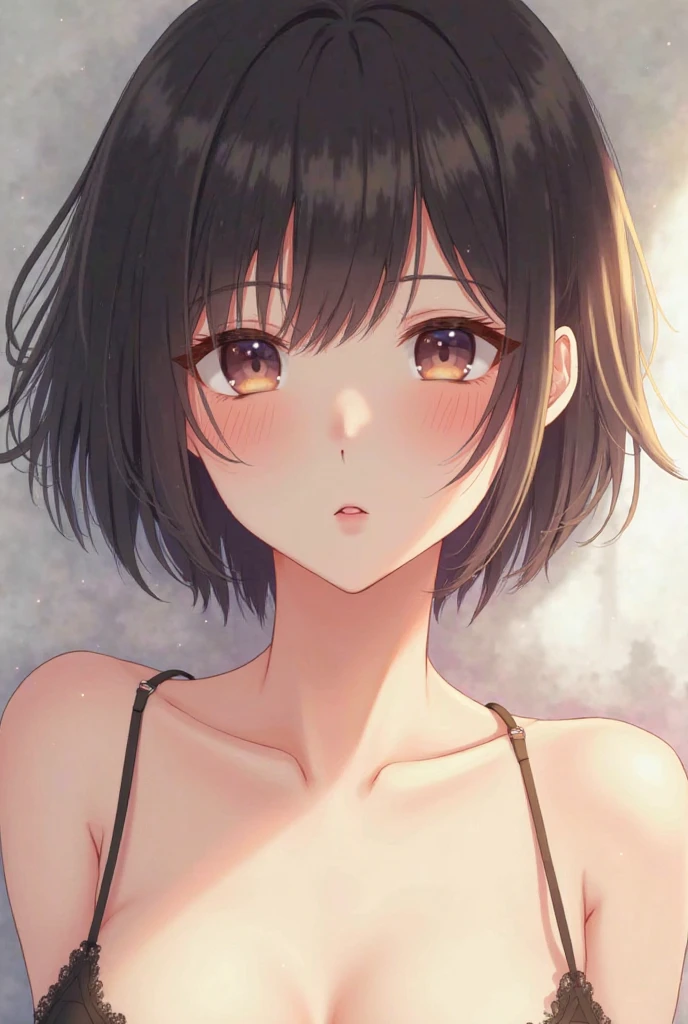 (((Ultra HD)))、(The perfect background)、(hair over two eye:1.2)、Brown Hair、Bobcut、18 year old girl、Mid-chest、Droopy eyes、Yellow Eyes、Black shirt、The valley is visible、Purple bra、Pressing the chest against each other、Gaze Here、Embarrassed expression、Blushing、Through the glass、Attaching a breast to glass、Wet body、