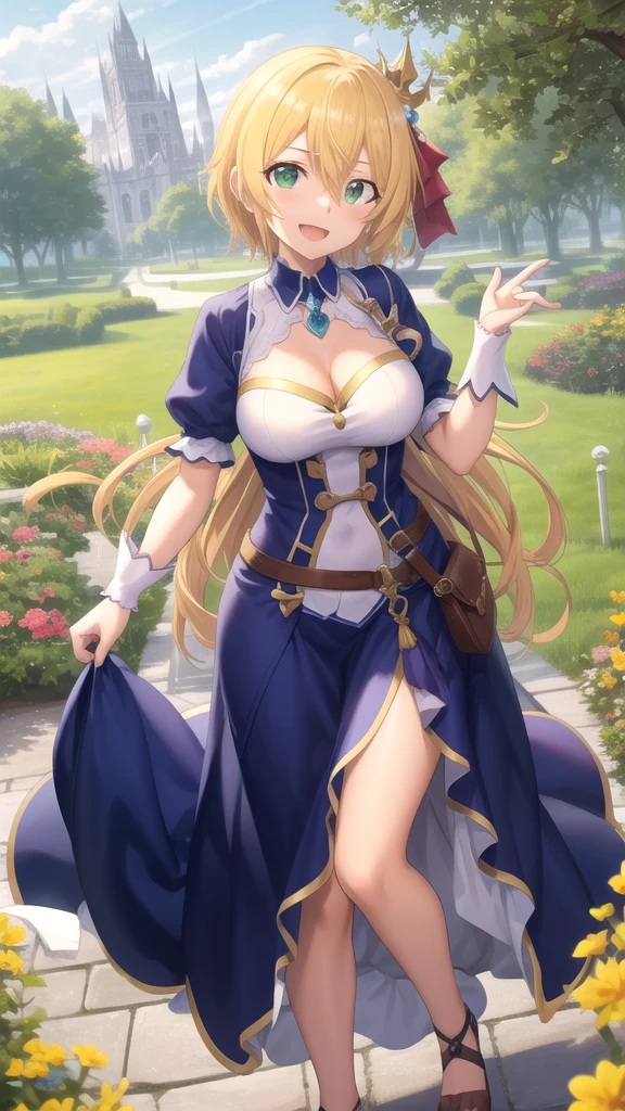 Masterpiece, very beautiful woman, corps parfait, Robe longue bleu profond with dentelle extreme detail, posant pour la photo, smiling seductively, Excited, queue de cheval cheveux blond foncé, belle jeune femme, Grands yeux verts, Légers details courbes, mignon et souriant, Parfaits petits seins ronds et complets, Pas de soutien-gorge, sans soutien-gorge, on the côté d'un arbre, Jour d'automne, feuilles tombantes, soleil