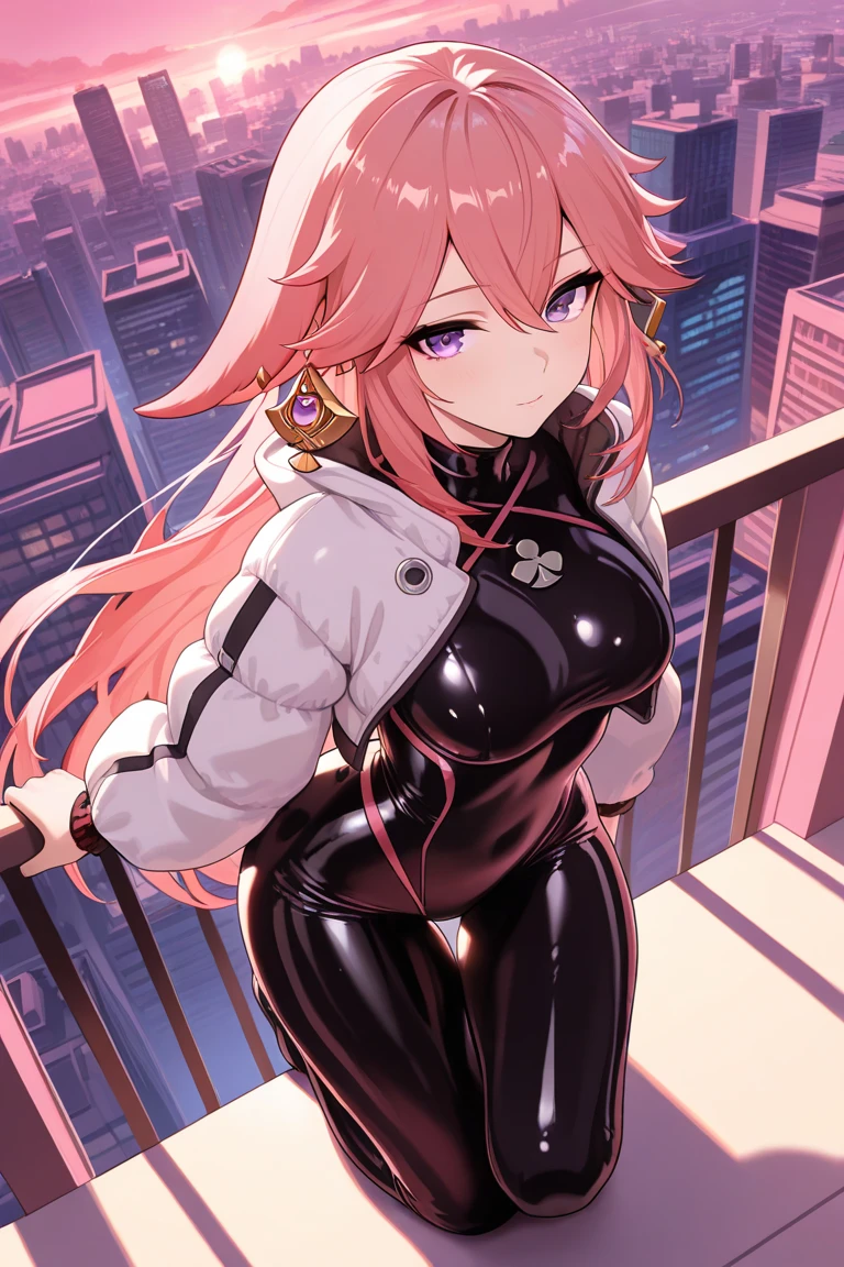 女の子1人, Beautiful face, lila Haar, pantyhose Bodysuit, bedeckter Bauchnabel, lila Augen, Hüftwind, niedlich, Schauen Sie sich den Viewer an, Night Town, Neon, beine, feet