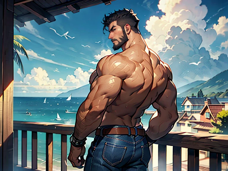 1boy,, masterpiece, best quality, shirtless boy in a grassy field with blue sky and clouds. The man is muscular and well built, with shiny body and defined muscles. The man is wearing a beige-white pant which has intricate motifs. The man is wearing a single earring, and bathing in a shower close by. Dynamic pose, sexy expression. Non NSFW. Safe for work.