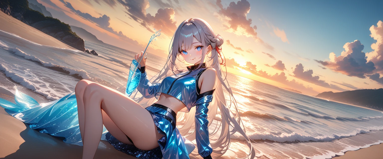 (full body, pov lovely swimsuit style) (beautiful body), (solo:2, 15 yo, forehead blue hair long hair lovely girl, cute blue eyes, glossy lip, love smile, small tits), (in a Sequins bikini with double exposure:1.2 of water), break, in the sunshine Swimsuit contest venue, background beautiful ocean, Double Exposure beautiful rays, BREAK, perfect anatomy, masterpiece, best quality, 16k, beautiful detailed water, sexy, daydreaming expression.
