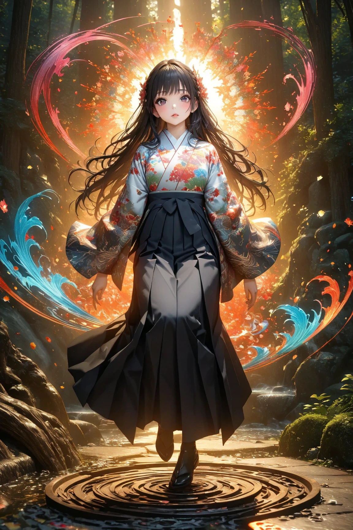 woman in hakama、solo、full body、(Deep, shining, detailed dark eyes)、moist lips、glossy detailed black hair、long hair。UHD、of the best quality、high image quality、greatest masterpiece:1.4、16K、high definition、absurd、realistic nestled on a forest path、Draw with oil pastels、The background is fractal art with the theme of everything in the universe、vivid color palette、painting or digital art、3d rendering of the background、 Intricate Artwork 、complicated and detailed、dynamic poses、isometric drawing