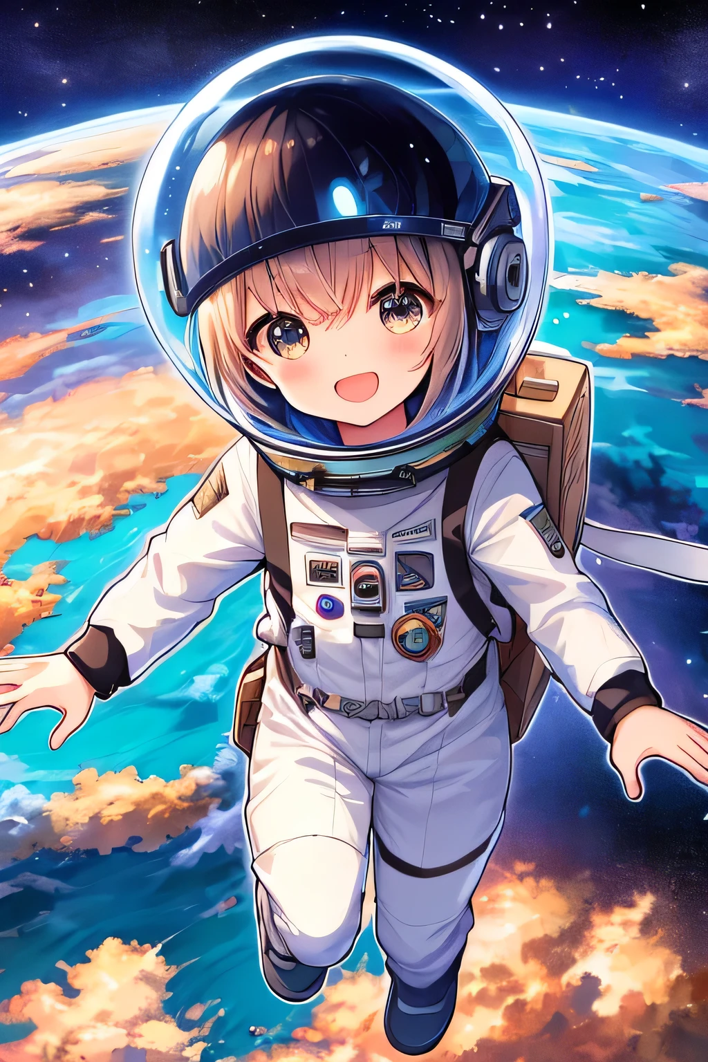 1girl is an astronaut, chibi:1.3, hubble, looking at viewer, beaming smile:1.3, spacesuit:1.3, helmet:1.1, globe, (absurdres, masterpiece, 8K)