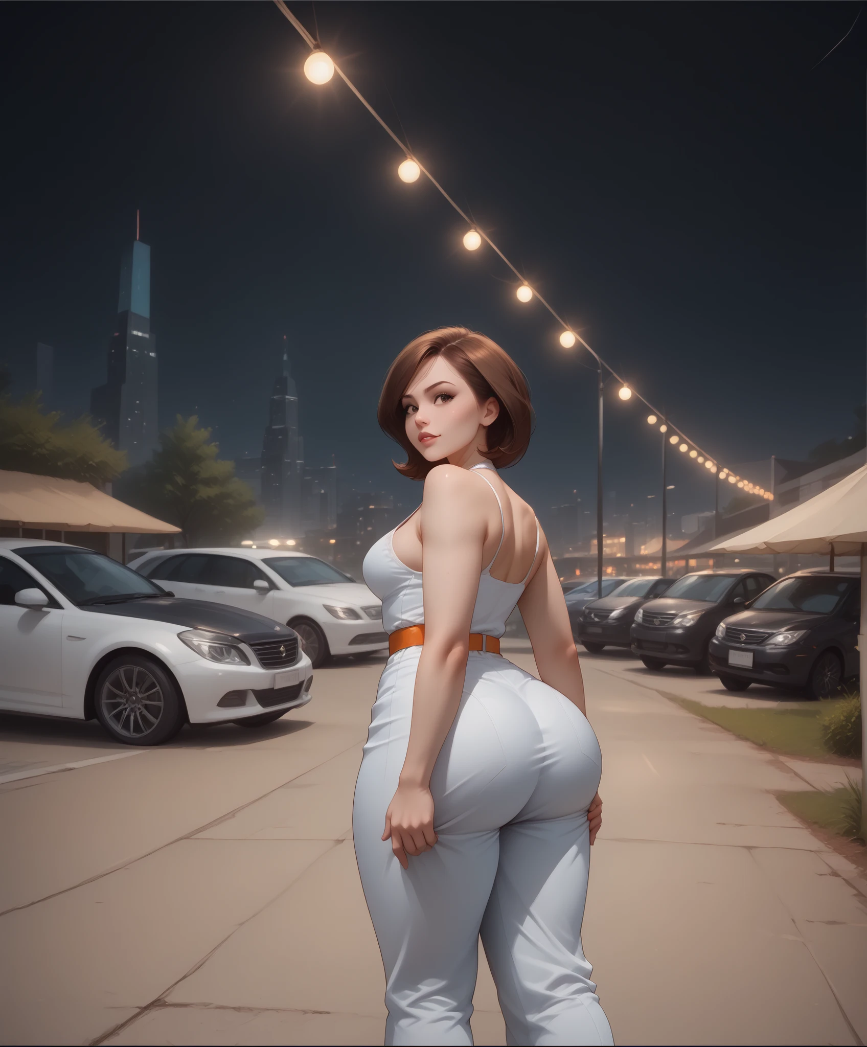 (((Best Quality , 8K , Masterpiece: 1 . 3)) , Full Body , Focus Clear: 1 . 2 , Outstanding Beauty: 1 . 4 , Slender Abs: 1 . 2)) , ((dynamic angle)) , (((wide view))) , wide-angle lens , extremely detailed , CG , 8k Amazing , finely detail)) , (intricate details , depth of field) , 8k UHD, 1girl, high detailed, backside, photo from behind, thicc, wide hips, tight shorts, detailed face, beautiful expression, alluring gaze, captivating pose, elegant silhouette, dynamic composition, cinematic lighting, warm color palette, photorealistic, 8K, hyper detailed, professional photography, natural skin tones, studio lighting, (((1girl, helenp, helen parr, elastigirl, brown hair, brown eyes, domino mask, mask, red bodysuit, black highleg shorts, orange belt, black elbow gloves, black thigh boots, wide hips, medium breasts))), ((((seductive pose , sexy pose , cowboy pose , hourglass figure)))) , ((precise face and eyes:1))