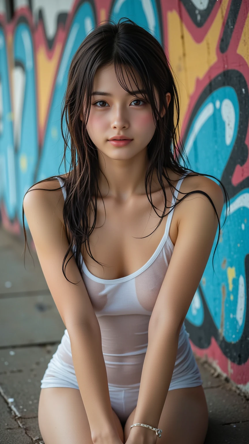 ((A very cute girl wearing a white yukata with a floral pattern)), (No panties), (No bra), ((big breasts, cleavage, exposed chest, Exhibitionism)), highest quality, masterpiece, ultra high resolution, (realistic:1.4), Raw photo, (perfect body shape), (slim:1.1), dynamic pose, ((complete diagram:0.9)), alone, on the road, deep shadow, Inconspicuous, Cold light 12000K, beautiful detailed sky, Detailed Tokyo cityscape, very detailed顔と肌の質感, fine eyes, realistic eyes, detailed and beautiful eyes, (realistic skin), Charm, ultra high resolution, surreal, very detailed, (Exhibitionism), ((she is wet)).18 ~ Random age between 35 years old、Random hairstyles for short hair or updos、black hair、half open mouth、embarrassed look、blush:2.0