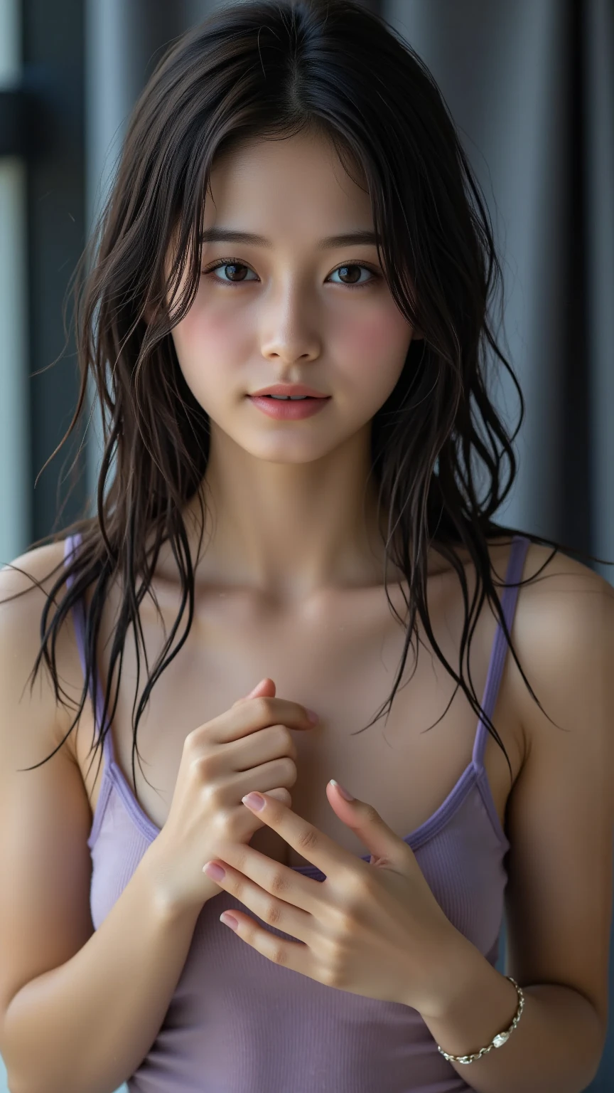 Best quality, masterpiece, ultra high res, (photorealistic:1.4), raw photo, 1girl, DARK hair, shiny skin, WET BODY, dramatic lighting, full body, bitch, micro bikini, huge breasts