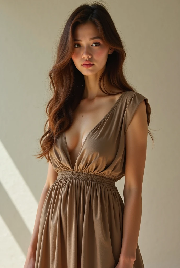 nordic young woman, cute face, seductive, best quality, masterpiece, Off-shoulder V neck short nightgown, golden hour, detailed textures, long braded hair, Standing on floor, looking at camera, posing, intimate pose, Beach, exterior, [blush], aesthetic, intricate, caustics, light rays, sunlight, (((soft lips))), (((glossy lips))), highly detailed, (semi-realistic:1.2), niloudef, red hair