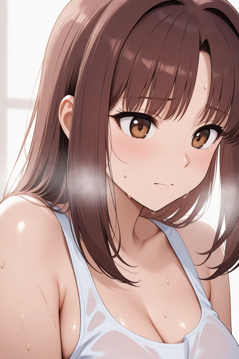 masterpiece, best quality, high resolution, 1girl, pale skin, upper body, gentle smile, spoken heart, nude, brown wavy hair, blunt bangs (embarrassed, blush:1.3) nsfw (ecstasy:1.3) (slut:1.2) (vulgarity:1.3) (fucked silly:1.1) (steam:1.1) (wet:0.8) (trembling:0.8) (tears:0.7) (drooling:0.6) (sweat:0.8) open mouth, wince (orgasm:1.1)