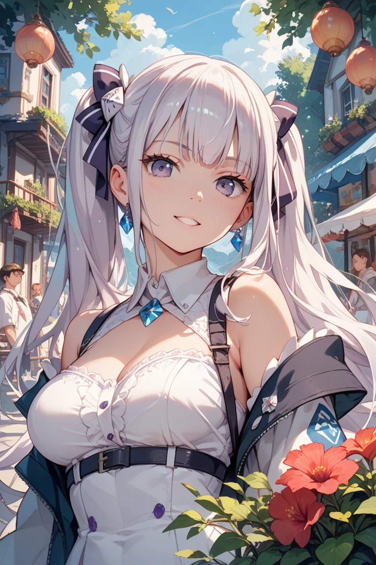 女の子1人、top-quality、masutepiece、4K、high-level image quality、white hair、The tips of the hair are pink、Pink eyes、odd eye、Purple eyes、large and soft chest、cleavage of the breast、Blouse that looks like it's going to tear、Buttons don't close、Lolita clothes、bow ribbon、heart mark、Cat's ears、A smile、Fairy tale、undergarment、frilld、Ren Hao、Buttons that are about to burst、Navel Ejection、I see underwear.、The upper part of the body、Gentle smile、Blouses that do not close the buttons
