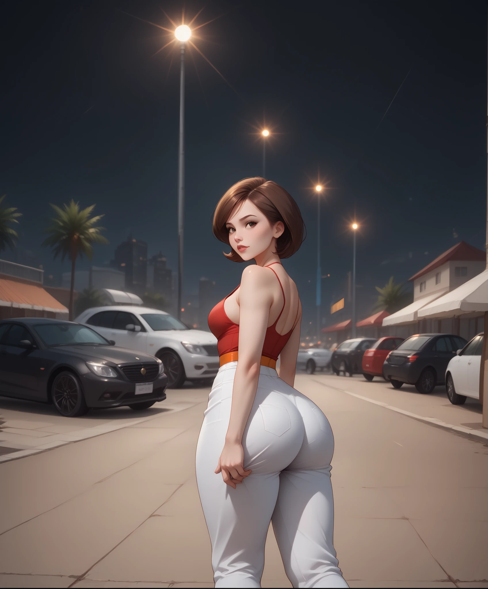 (((Best Quality , 8K , Masterpiece: 1 . 3)) , Full Body , Focus Clear: 1 . 2 , Outstanding Beauty: 1 . 4 , Slender Abs: 1 . 2)) , ((dynamic angle)) , (((wide view))) , wide-angle lens , extremely detailed , CG , 8k Amazing , finely detail)) , (intricate details , depth of field) , 8k UHD, 1girl, high detailed, backside, photo from behind, thicc, wide hips, tight shorts, detailed face, beautiful expression, alluring gaze, captivating pose, elegant silhouette, dynamic composition, cinematic lighting, warm color palette, photorealistic, 8K, hyper detailed, professional photography, natural skin tones, studio lighting, (((1girl, helenp, helen parr, elastigirl, brown hair, brown eyes, domino mask, mask, red bodysuit, black highleg shorts, orange belt, black elbow gloves, black thigh boots, wide hips, medium breasts))), ((((seductive pose , sexy pose , cowboy pose , hourglass figure)))) , ((precise face and eyes:1))
