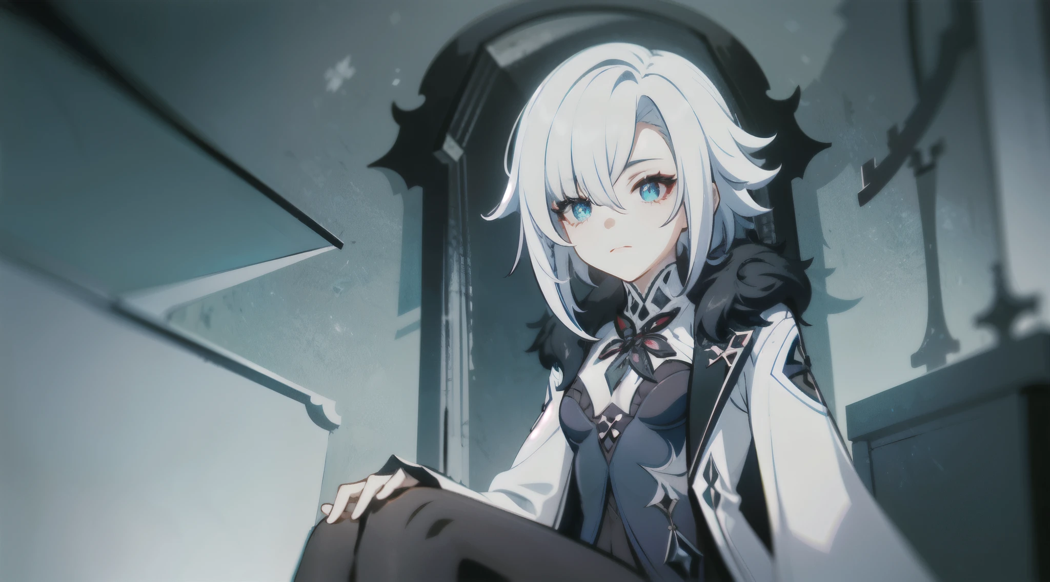 1girl, (solo), ((masterpiece)), (shadow), [slim], (small breasts), (detailed), cinematic lighting, (textured skin), ((sharp focus)), ((very clear)), winter coat, leggings, shoes, palace, (throne:1.2), white hair, black hair, blue eyes, (cross-shaped pupils), adult, fur coat, from below, (sitting), drop shadow, focused, shading, tracing, smooth, pale skin, sharp, (pixiv), ((detailed surroundings)), arlecchino(genshin impact)