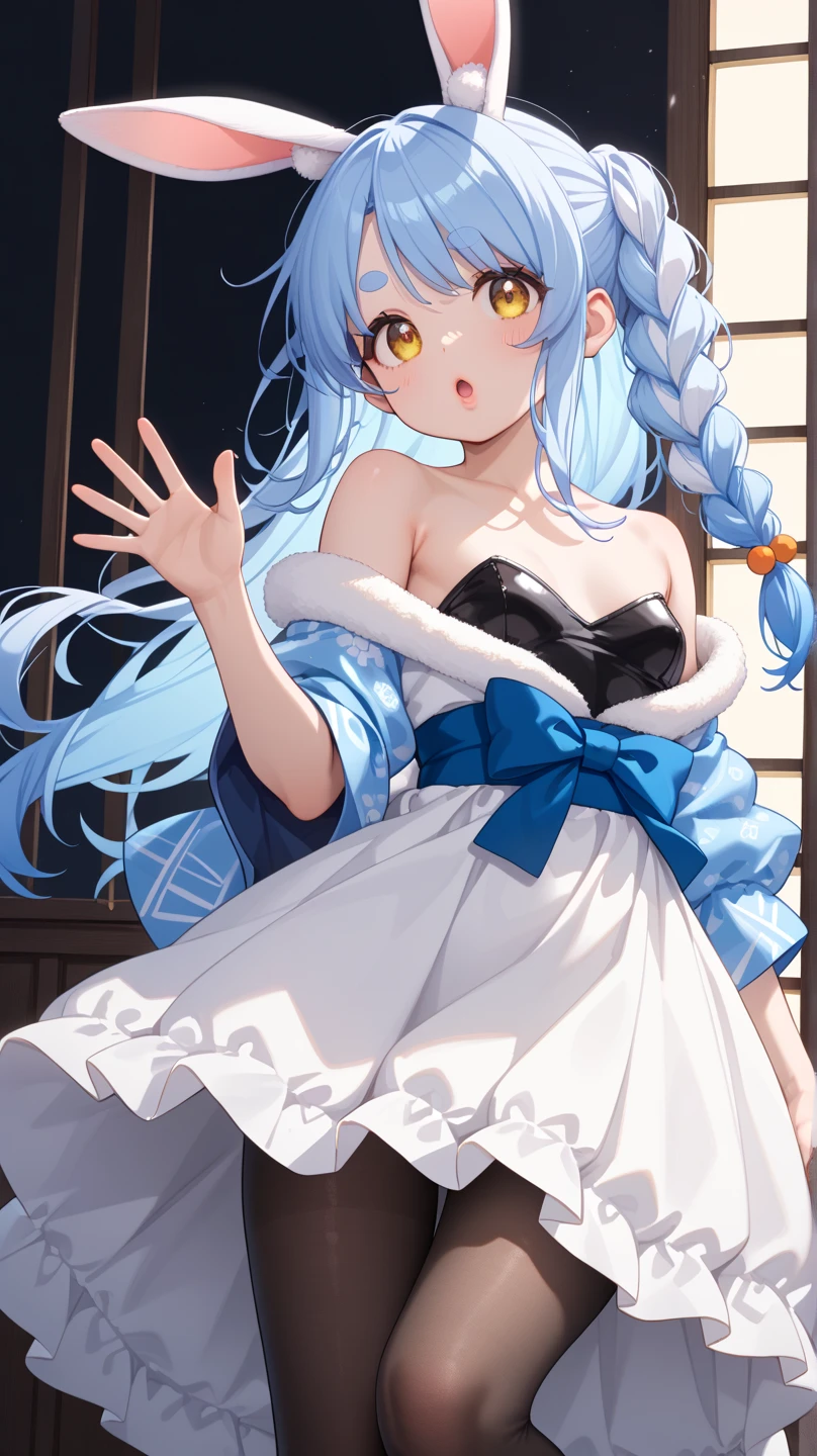 ((Usada Pekora)), (((masterpiece)), ((of the best quality)), ((wide shot from the side of the con)), (SUPER DETAILS:1.2), (high image quality:1.3), (8k), (very aesthetic:1.2), (absurd dress:1.2), textured skin that you can grab with your knee, Movie Lighting, (1 girl), (cute beautiful girl), beautiful eyes, ((look to the side)), (rabbit earsをつける), Pale blue hair, braided hair, (open your mouth wide), slender body, small breasts in Mbini, Glossy Lips, Beautiful small breasts in Mbini, ( is waving), ( on a steep cliff ), (Very proud), (cute cheeks), Glossy Lips, plump lips, dark circles under eyes, ( lower lashes), (detailed background:1.2), UsadaPekora, Orange Eyes, Thick eyebrows, rabbit ears, two-tone hair, blue hair, white hair, long hair, twin blade, Fur color, white dress, dress with fur, bare shoulder, black leotard, strapless, kimono sleeve , puffed short sleeve, black, black pantyhose