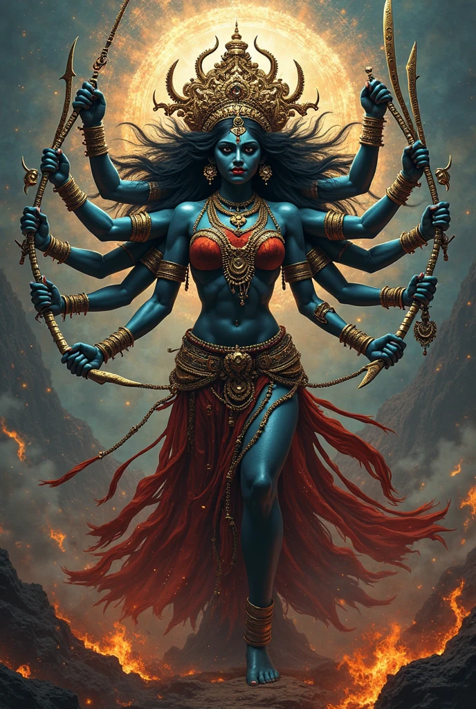 Kali, indian goddess, female figure, dark skin, four arms, holding weapons, fierce expression, detailed face, ornate headdress, necklace of skulls, standing on Shiva, Hindu mythology, digital painting, cinematic lighting, dramatic colors, moody atmosphere, photorealistic, 8k, highly detailed, masterpiece, close-up 