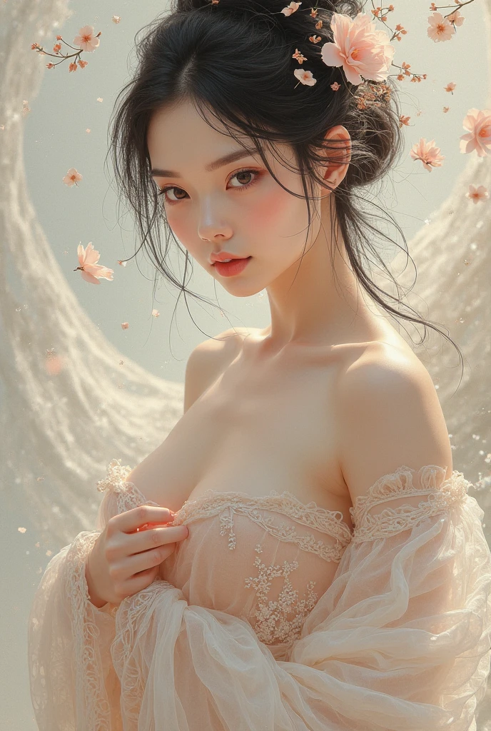 NSFW, Super High Quality, Masterpiece, Perfect Illustration, Extreme Details (Delicate Light and Shadow, Highly Dramatic Picture,)Zhong Hua, 1 Girl, Solo, Hanfu, Ancient_Chinese_architecture, Flower Field, Flowers, (White Smoke:1.3) (Realistic:1.4), Zen Entanglement, Mandala, Tangled, Official Art, Unity 8k wallpaper, super detailed, beautiful and beautiful, masterpiece, best quality, (Dynamic angle: 1.4), glowing skin, (Floating colorful flashes: 1) The most beautiful chaotic forms, elegant, brutalist design, bright colors, romantic depth of field exotic_dance, half_naked
