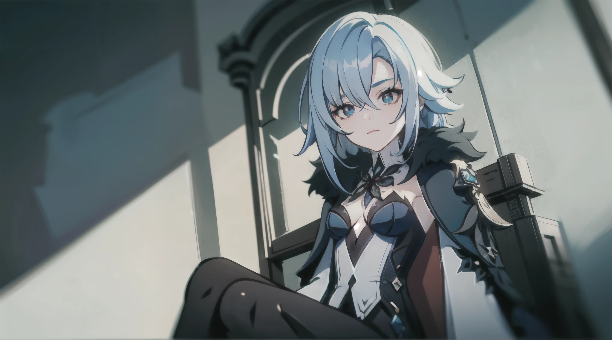 1girl, (solo), ((masterpiece)), (shadow), [slim], (small breasts), (detailed), cinematic lighting, (textured skin), ((sharp focus)), ((very clear)), winter coat, leggings, shoes, palace, (throne:1.2), white hair, black hair, blue eyes, (cross-shaped pupils), adult, fur coat, from below, (sitting), drop shadow, focused, shading, tracing, smooth, pale skin, sharp, (pixiv), ((detailed surroundings)), arlecchino(genshin impact)