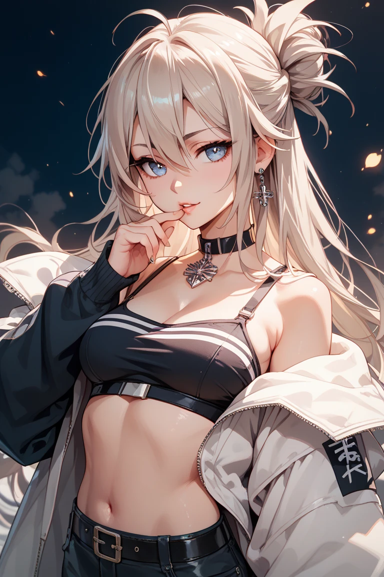 anime illustration, ((((highest quality)))), (((Ultra-precision CG 16K))), (((masterpiece))), (((Very detailed))), (((Extremely detailed))), (((Black outline:1.3, Written boundary depth:1.3 , Written soft outline, sharpness))), Maximum clarity and sharpness, Multilayer Texture, Surface Shading, Cinematic lighting, Beautiful details sparkle ,Perfect Proportions, Limited to one woman, BREAK accurate, Anatomically correct, Highly detailed face and skin texture, drawn in detail, Highly detailed facial and skin texture, Detailed eyes, beautiful hair, Beautiful Japanese Idol face, Beautiful and beautiful eyes, Beautiful body, Beautiful breasts, Beautiful thighs, Beautiful legs, Beautiful fingers, (Beautiful views) , skinny body, ((Beautiful Skin)), ((Skin Texture)) BREAK breast enlarged, medium Breasts, rocket breasts, (((perky breasts))), ((drooping breasts)), slender waist, ( narrow eyes, smiling, blush, determined expression, sweaty , Heavy breathing,) , (streaked hair, hair intakes, colored inner hair, ) BREAK (((wearing printed sexy oversized shirts , wearing wide-leg-pants, breasts is covered by outfit))) , wearing earrings, (((tanned skin, tan lines))) , BREAK ( stick breast out, bending over, professional dancer on stage under the blue sky ),(((looking at viewer, super detailed background , ))), BREAK (((portrait , close-up of face, bust-up shot, looking at viewer, )), (natural make), random angle , random situation , pinup magazine pose, from front
