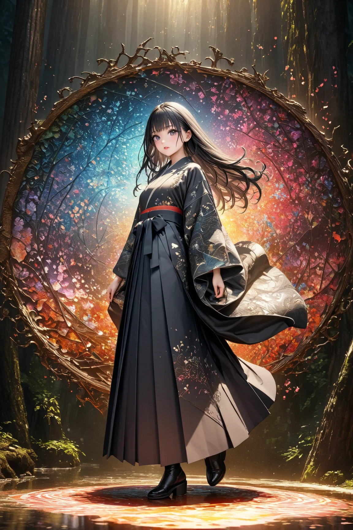 woman in hakama、solo、full body、(Deep, shining, detailed dark eyes)、moist lips、glossy detailed black hair、long hair。UHD、of the best quality、high image quality、greatest masterpiece:1.4、16K、high definition、absurd、realistic nestled on a forest path、Draw with oil pastels、The background is fractal art with the theme of everything in the universe、vivid color palette、painting or digital art、3d rendering of the background、 Intricate Artwork 、complicated and detailed、dynamic poses、isometric drawing