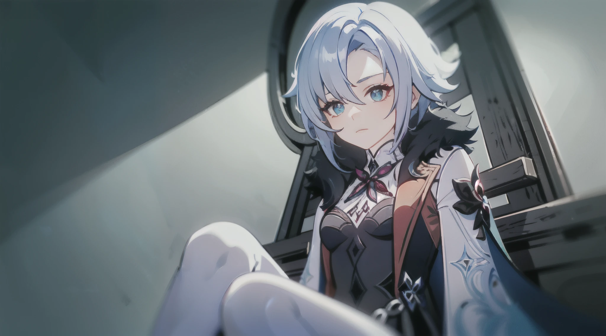 1girl, (solo), ((masterpiece)), (shadow), [slim], (small breasts), (detailed), cinematic lighting, (textured skin), ((sharp focus)), ((very clear)), winter coat, leggings, shoes, palace, (throne:1.2), white hair, black hair, blue eyes, (cross-shaped pupils), adult, fur coat, from below, (sitting), drop shadow, focused, shading, tracing, smooth, pale skin, sharp, (pixiv), ((detailed surroundings)), arlecchino(genshin impact)
