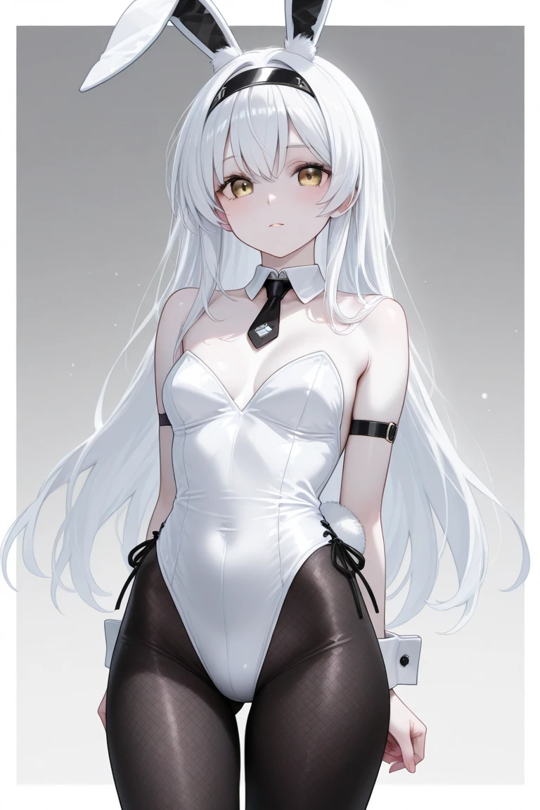 index, index, (green eyes:1.5), silver hair, long hair, (flat chest:1.2),smile,bossy,close your mouth,white rabbit ear headband,white leotard,black pantyhose stiletto heels,(Bunny girl:1.5),(white playboy bunny:1.0),Put your hands on your hips,Standing in honor,
break looking at viewer, Upper body, whole body,
break indoors, room,
break (masterpiece:1.2), highest quality, High resolution, unity 8k wallpaper, (figure:0.8), (detailed and beautiful eyes:1.6), highly detailed face, perfect lighting, Very detailed CG, (perfect hands, perfect anatomy),