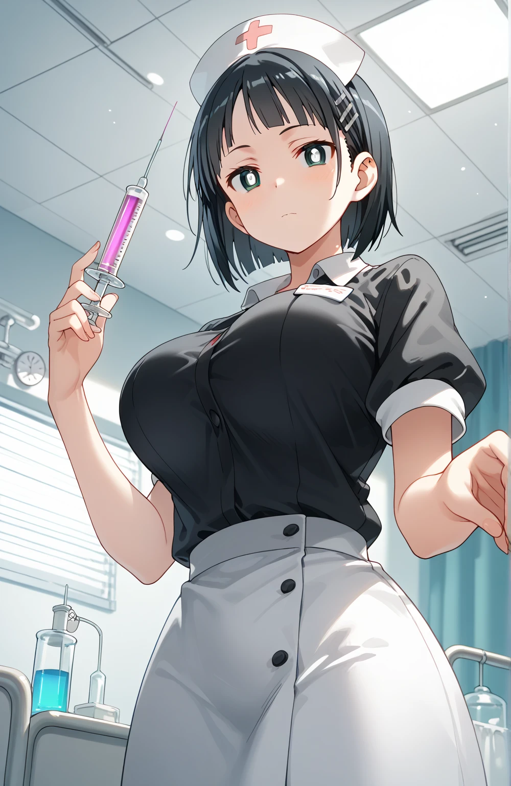 1 girl, anatomically correct, short hair, brown hair, nurse headpiece, beautiful brown eyes, circular glasses, disgusted expression, in disgust, angry, blushing, a lot of semen on her face, a lot of cum on her face, cum on her cheeks, cum on her glasses, semen on her cheeks, semen on her glasses, white shirt, unbuttoned shirt, naked breasts, naked breasts, medium sized breasts, giving a handjob to the viewer, stroking viewers dick, stroking viewers penis, handjob pov, girl grabbing viewers penis, 8k, best quality