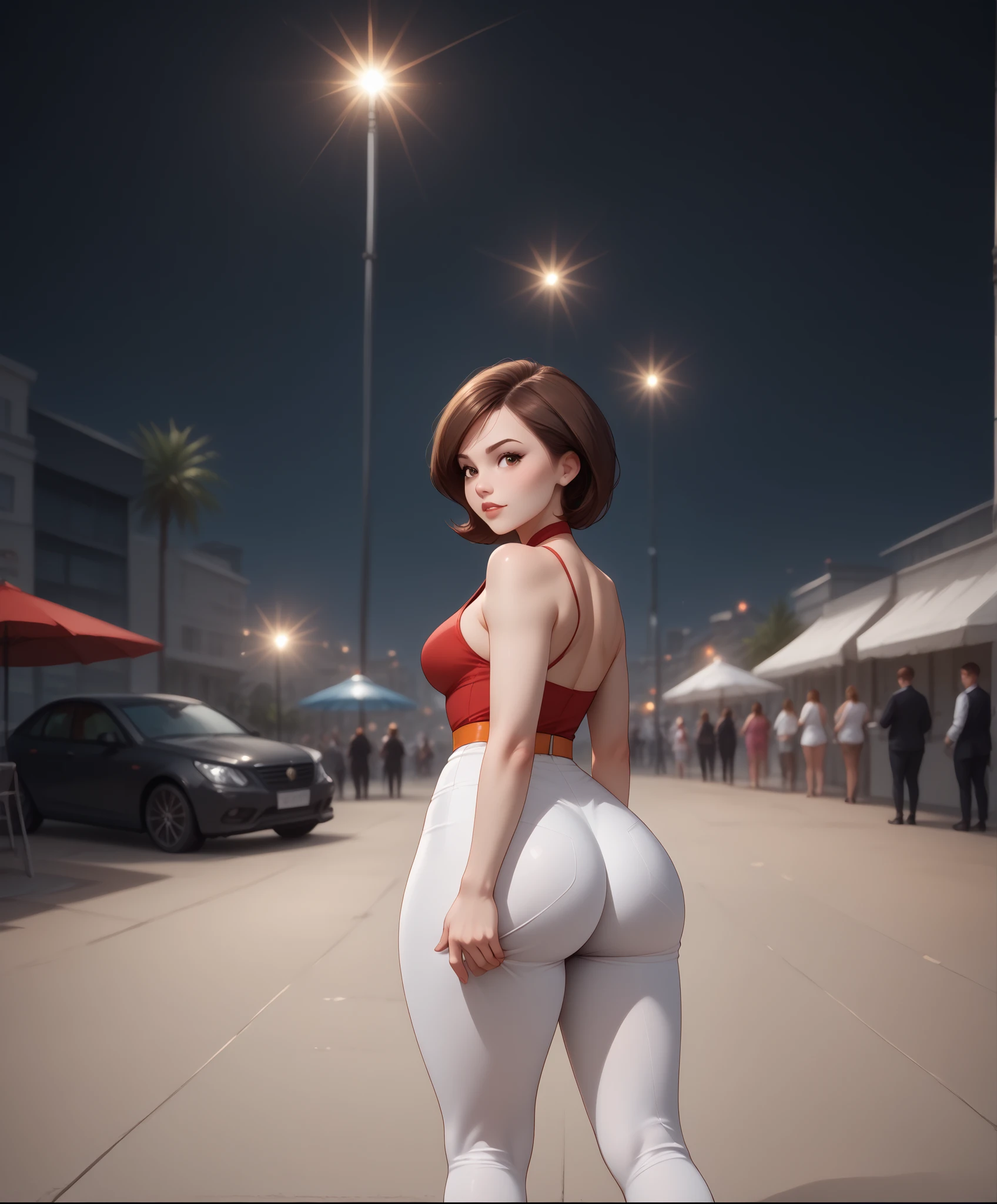 (((Best Quality , 8K , Masterpiece: 1 . 3)) , Full Body , Focus Clear: 1 . 2 , Outstanding Beauty: 1 . 4 , Slender Abs: 1 . 2)) , ((dynamic angle)) , (((wide view))) , wide-angle lens , extremely detailed , CG , 8k Amazing , finely detail)) , (intricate details , depth of field) , 8k UHD, 1girl, high detailed, backside, photo from behind, thicc, wide hips, tight shorts, detailed face, beautiful expression, alluring gaze, captivating pose, elegant silhouette, dynamic composition, cinematic lighting, warm color palette, photorealistic, 8K, hyper detailed, professional photography, natural skin tones, studio lighting, (((1girl, helenp, helen parr, elastigirl, brown hair, brown eyes, domino mask, mask, red bodysuit, black highleg shorts, orange belt, black elbow gloves, black thigh boots, wide hips, medium breasts))), ((((seductive pose , sexy pose , cowboy pose , hourglass figure)))) , ((precise face and eyes:1))