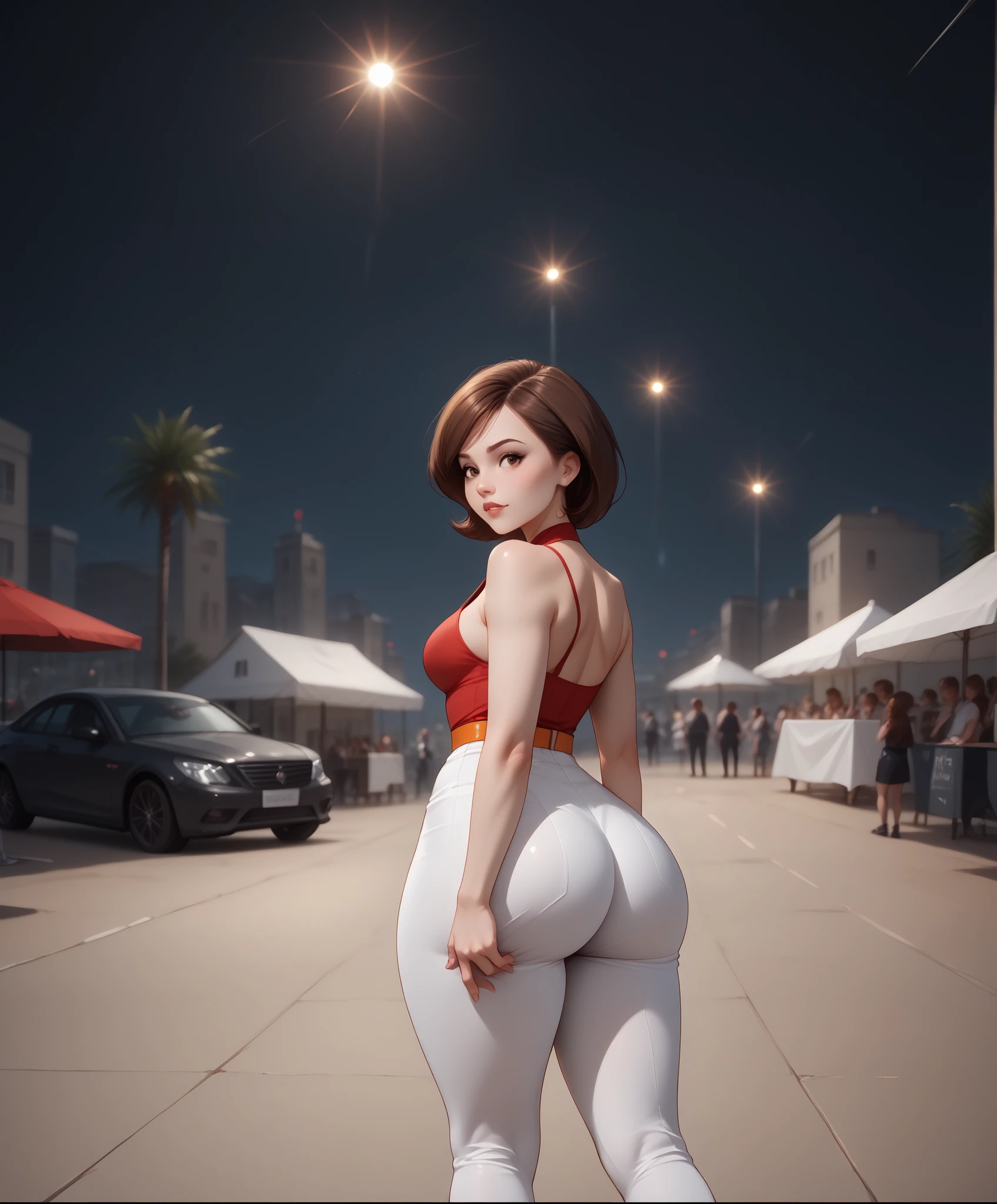 (((Best Quality , 8K , Masterpiece: 1 . 3)) , Full Body , Focus Clear: 1 . 2 , Outstanding Beauty: 1 . 4 , Slender Abs: 1 . 2)) , ((dynamic angle)) , (((wide view))) , wide-angle lens , extremely detailed , CG , 8k Amazing , finely detail)) , (intricate details , depth of field) , 8k UHD, 1girl, high detailed, backside, photo from behind, thicc, wide hips, tight shorts, detailed face, beautiful expression, alluring gaze, captivating pose, elegant silhouette, dynamic composition, cinematic lighting, warm color palette, photorealistic, 8K, hyper detailed, professional photography, natural skin tones, studio lighting, (((1girl, helenp, helen parr, elastigirl, brown hair, brown eyes, domino mask, mask, red bodysuit, black highleg shorts, orange belt, black elbow gloves, black thigh boots, wide hips, medium breasts))), ((((seductive pose , sexy pose , cowboy pose , hourglass figure)))) , ((precise face and eyes:1))