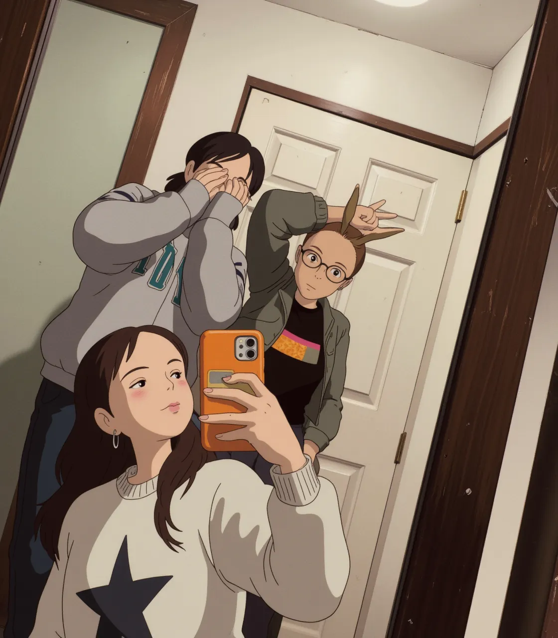 A woman taking a selfie with her tall friend in short clothes