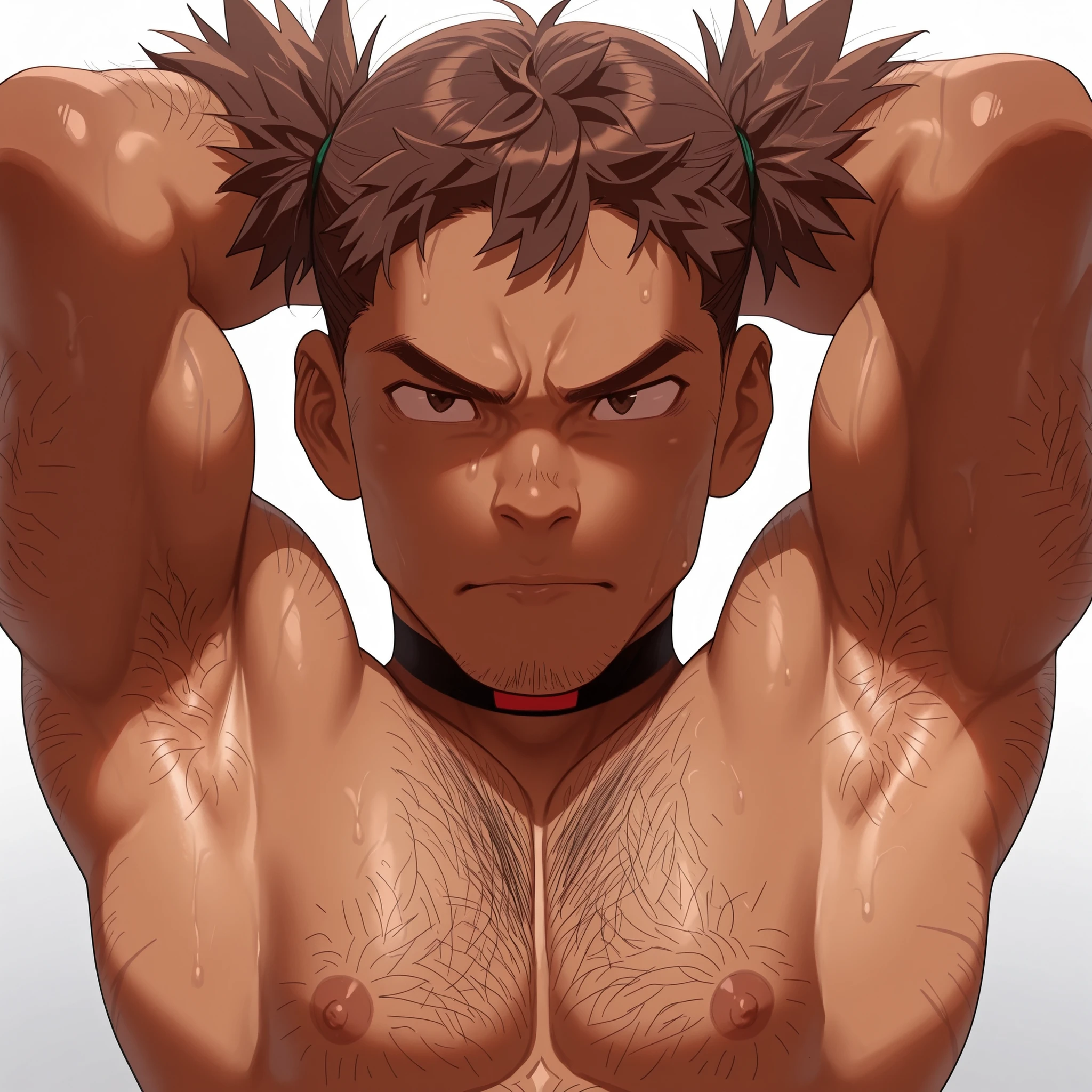 1 tall, muscular, dark-skinned malem, hairy body, Highest quality、masterpiece、Super Detail、armpits hair, arms hair, blown hair, 一本一本詳細な体毛、realistic hair, 一本一本詳細な体毛、realistic hair, brown hair, manly man、体毛フッサフサ、脇毛もフッサフサ、黒い細い毛がこびりついている