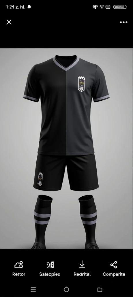 A minimalist all-black soccer team uniform, A symbol of a train seen from the front in high relief on the right side of the chest