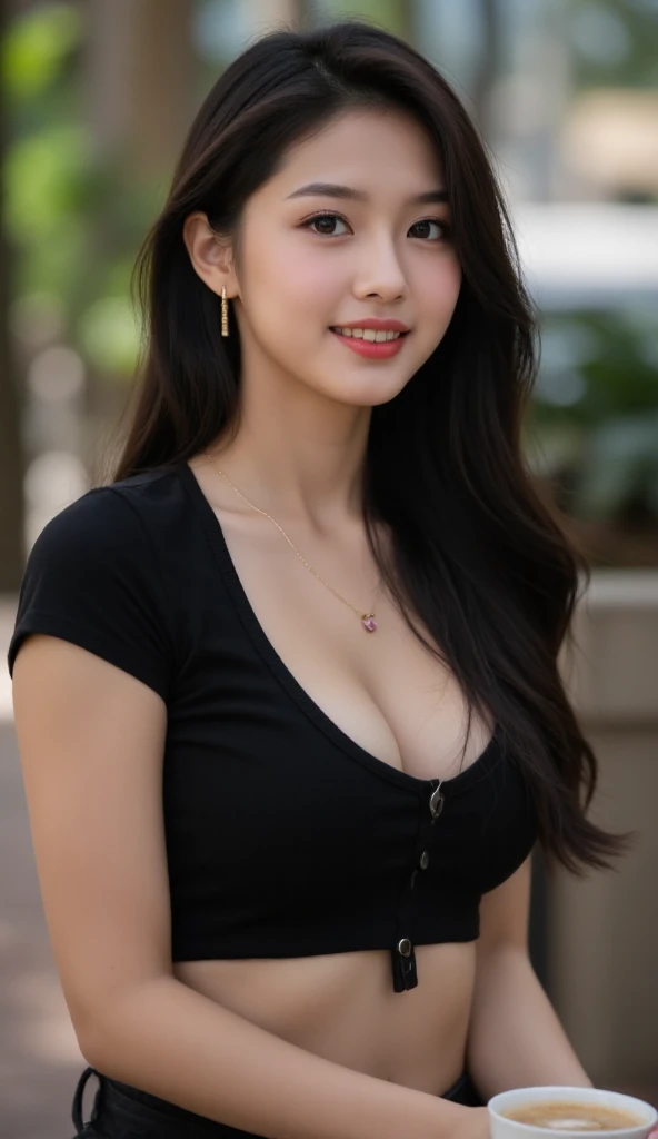 best quality, masterpiece, beautiful and aesthetic, 16K, (HDR:1.4), high contrast, bokeh:1.2, lens flare, (vibrant color:1.4), (muted colors, dim colors, soothing tones:0), cinematic lighting, ambient lighting, sidelighting, Exquisite details and textures, cinematic shot, Warm tone, (Bright and intense:1.2), wide shot, by playai, ultra realistic illustration, siena natural ratio, anime style, a picture from a high angle, a view from above, long Straight black hair with blunt bangs, (a charming smile:1), Gray bracelet, a oversized off-shoulder pink an oversized T-shirt, jeans, playing Gibson bass guitar, a sexy instagram Hot Swiss model, with a tattoo, oversized clevage, Broken Glass effect, no background, stunning, something that even doesn't exist, mythical being, energy, molecular, textures, iridescent and luminescent scales, breathtaking beauty, pure perfection, divine presence, unforgettable, impressive, breathtaking beauty, Volumetric light, auras, rays, vivid colors reflects.