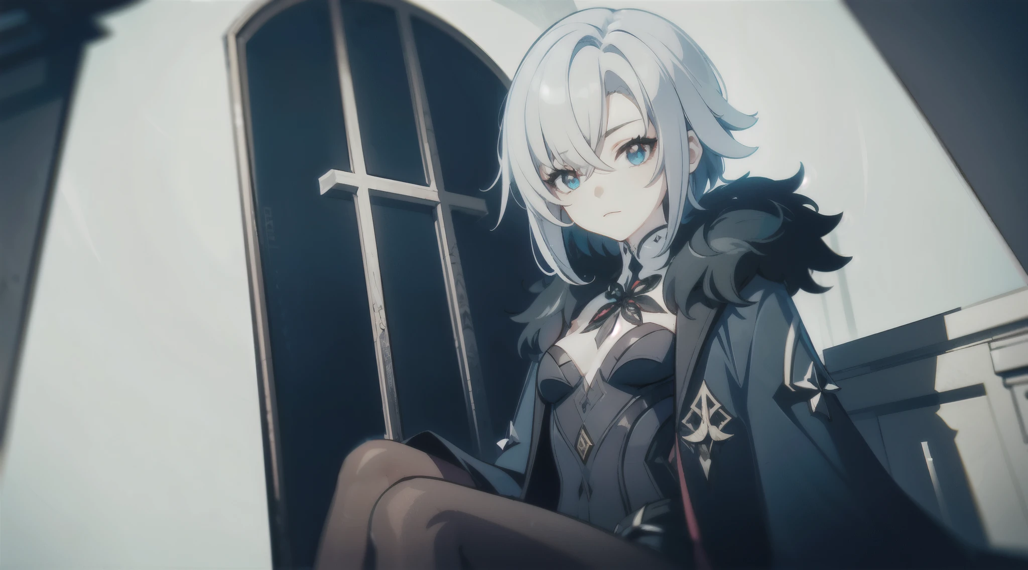 1girl, (solo), low angle shot, ((masterpiece)), (shadow), [slim], (small breasts), (detailed), cinematic lighting, (textured skin), ((sharp focus)), ((very clear)), winter coat, leggings, shoes, palace, (throne:1.2), white hair, black hair, blue eyes, (cross-shaped pupils), adult, fur coat, from below, (sitting), drop shadow, focused, shading, tracing, smooth, pale skin, sharp, (pixiv), ((detailed surroundings)), arlecchino(genshin impact)