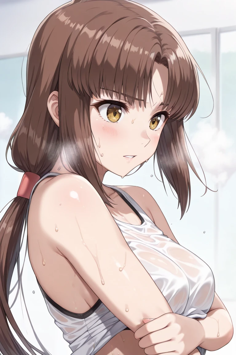 Aoi Kanzaki Anime art style、Anime Coloring,(Sweating all over the body)、The wind is blowing、 (Highest quality,masterpiece:1.2),Looking at the audience、,((White micro bikini made of milky white material)),Nipples、(Sexy pose)、Full body photography、Spread your legs