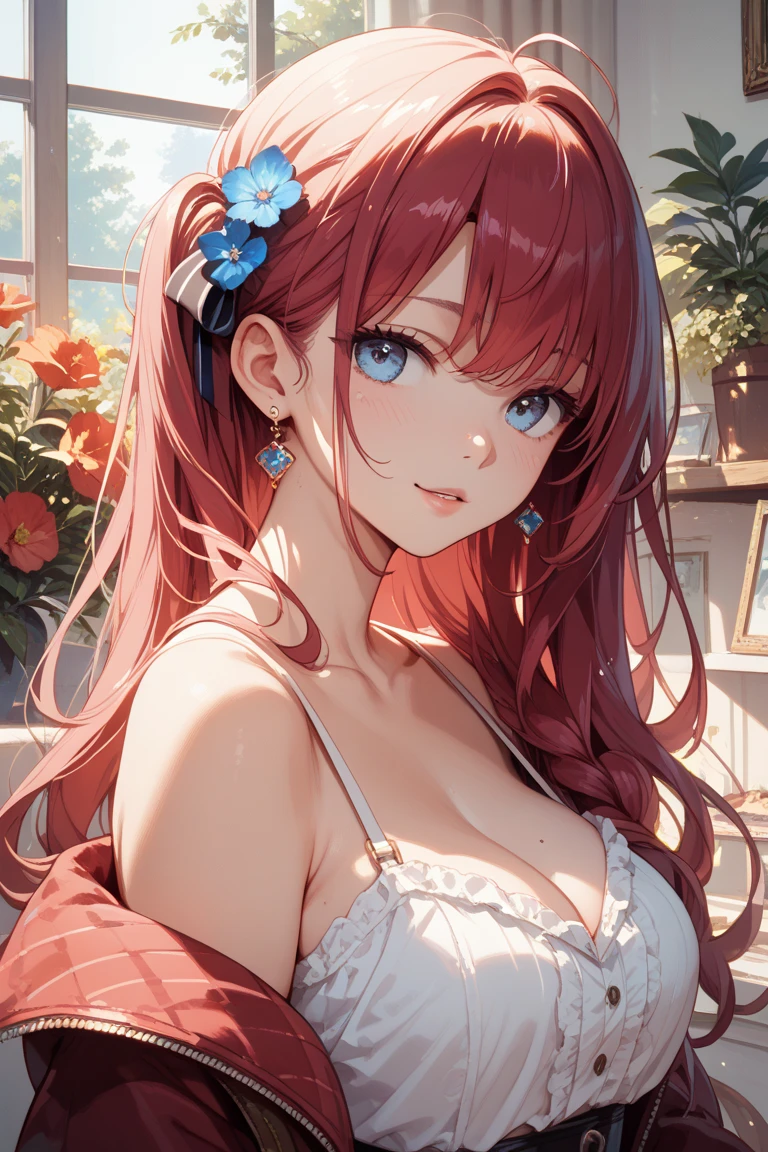4K, detail,Red hair,Large Breasts, beautiful, beautiful face.(8K, Raw.photo, best quality, masterpiece:1.2), (realistically, photograph realistic: 1.4), Ultra-high resolution.photorealistic:.1.4,Ultra high quality,lipstick,Smile,Face red