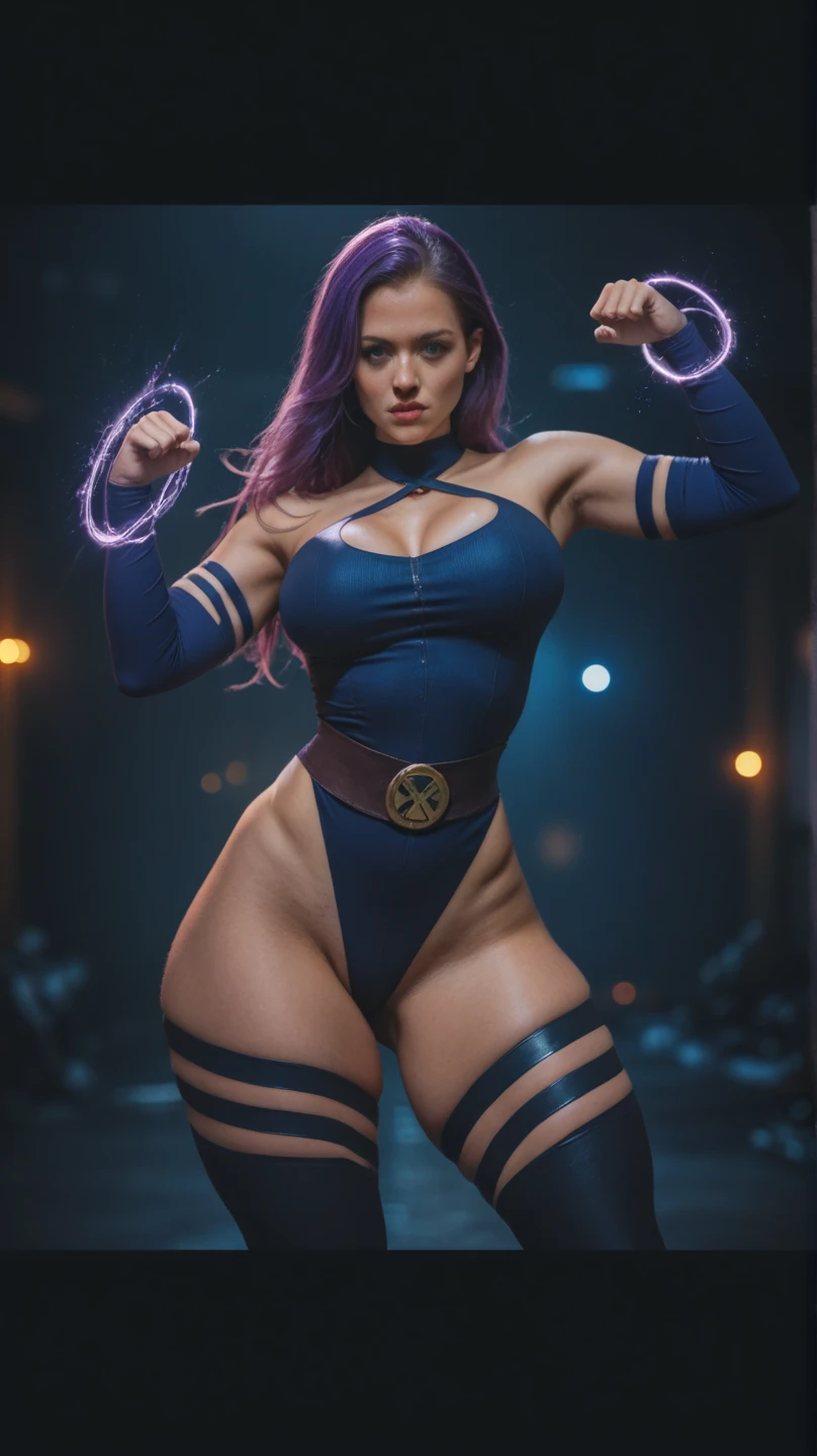a 23 years old exquisitely cool beauty Psylocke makes a dynamic posing at a movie premiere venue, no sleeve one-piece body suits, fingerless long gloves, thigh boots, black "X" logo mark on a waist belt, toned body, slim face, long nose, clear black eyes, dark purple black long hair, <lora:PsylockeXL:1>